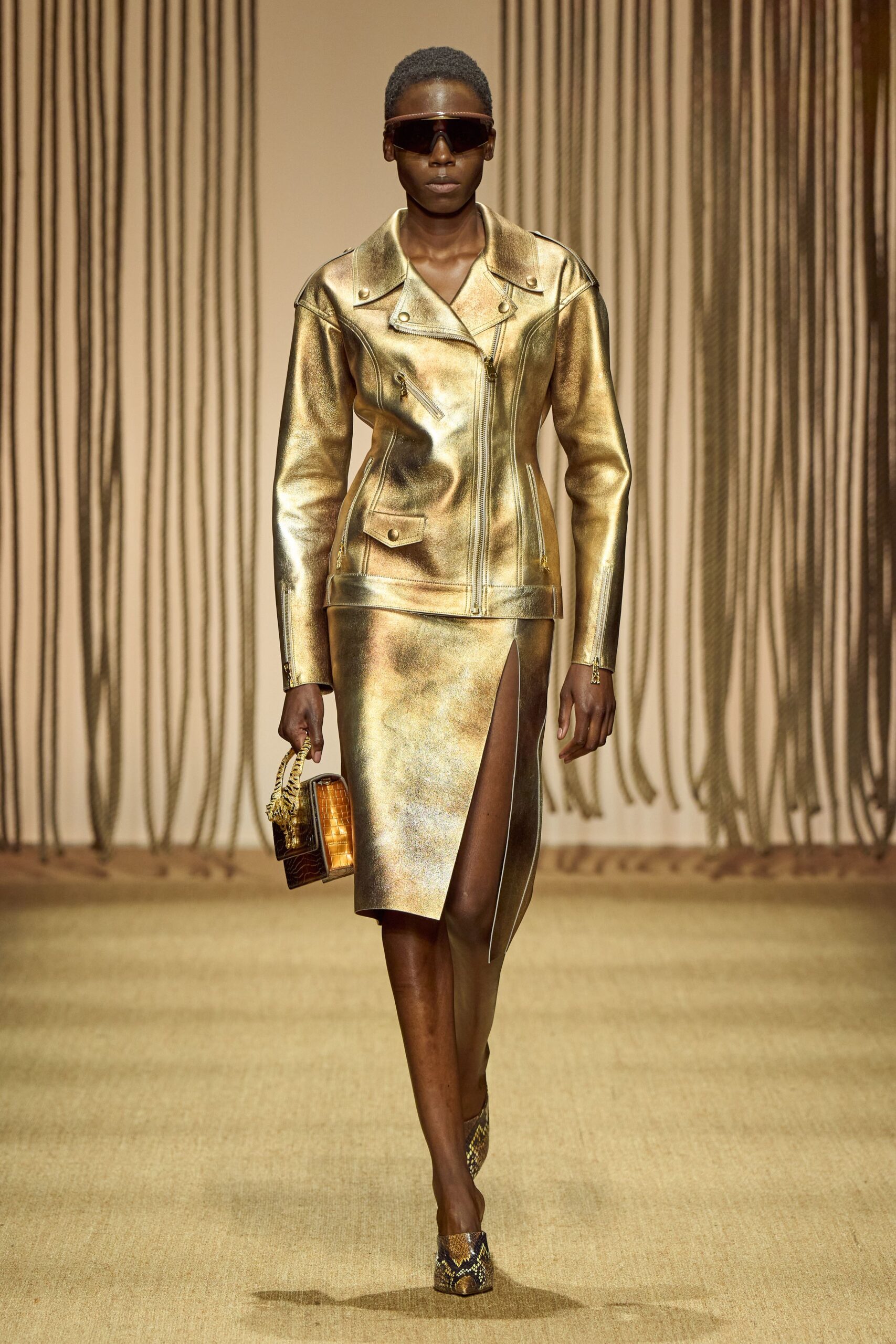 gold leather long-sleeve collared fitted structured zippered jacket