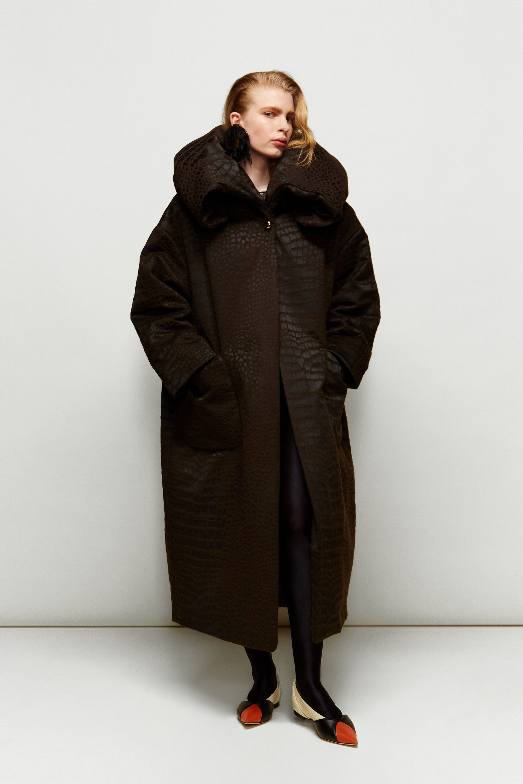 black leather long-sleeve collared oversized textured maxi coat