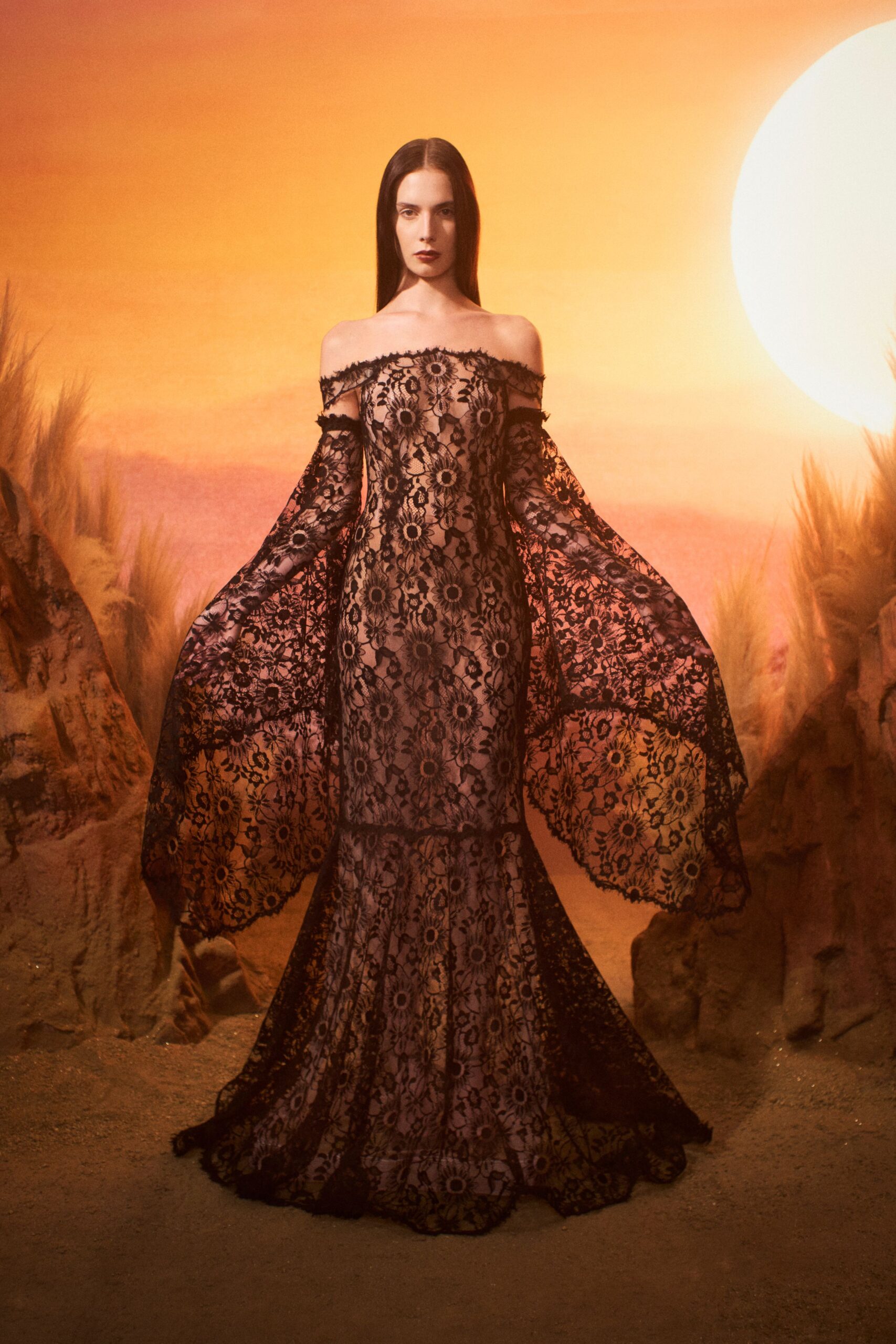 black lace off-shoulder gown