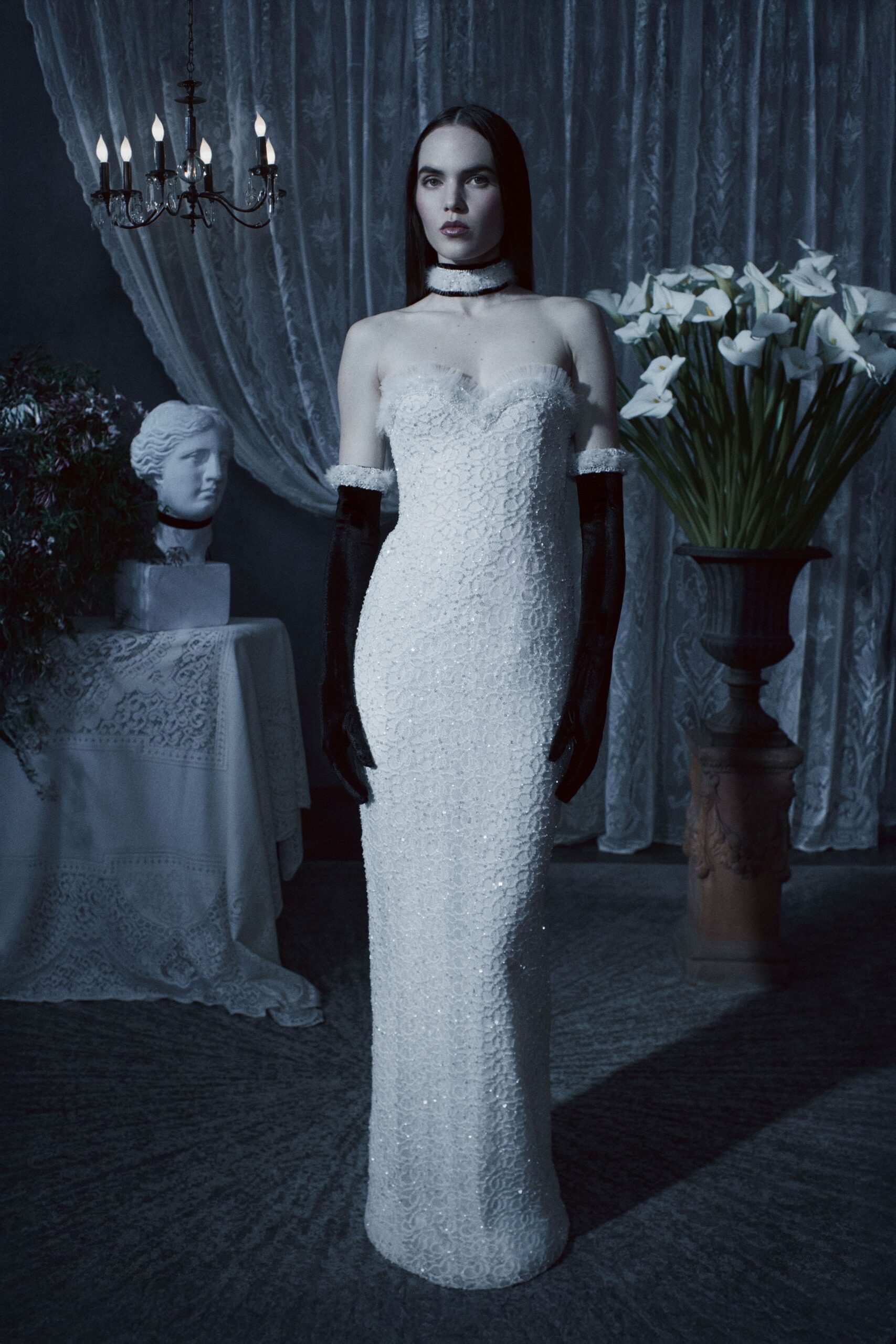 white silk strapless fitted embellished shiny maxi gown