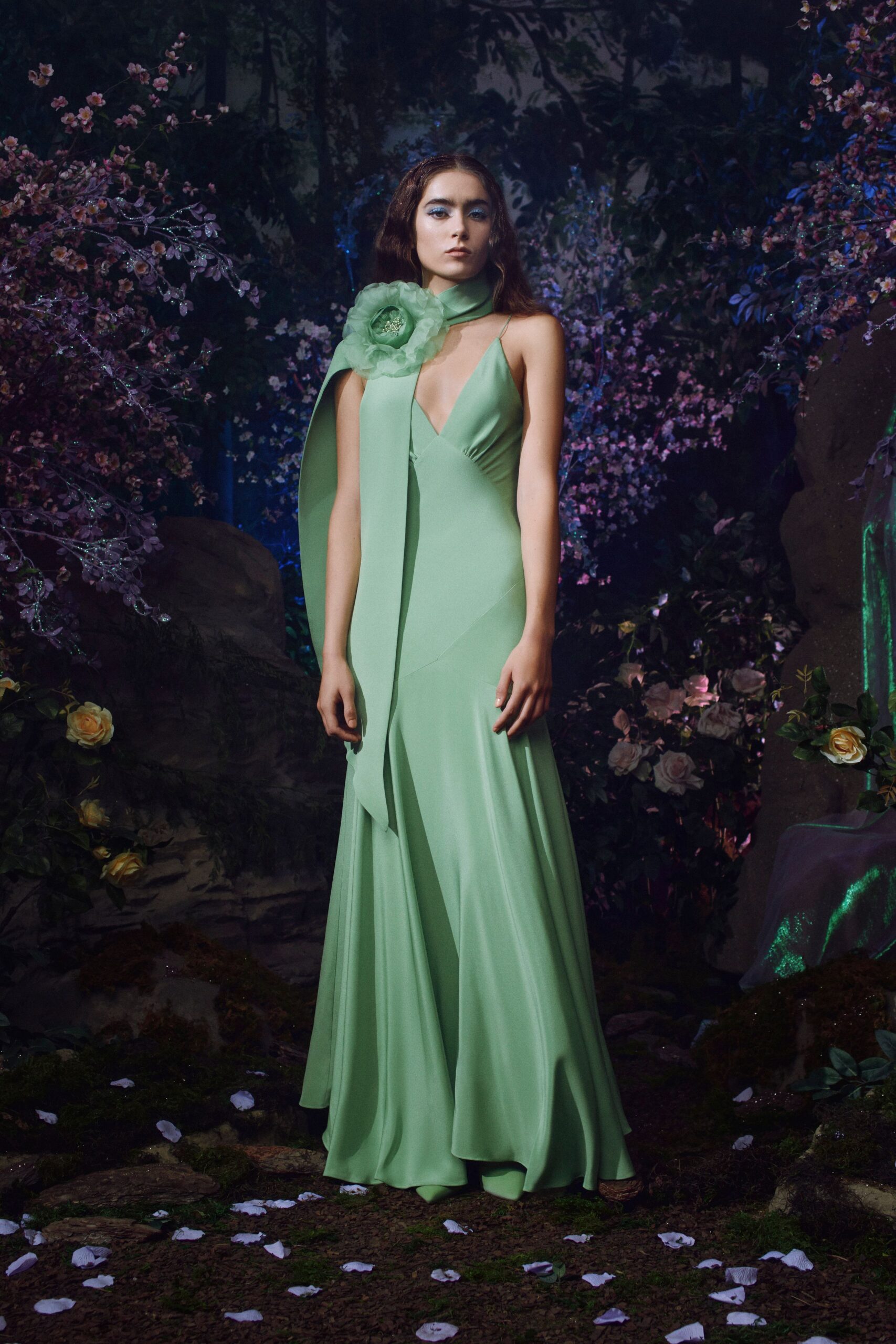 fitted green silk gown