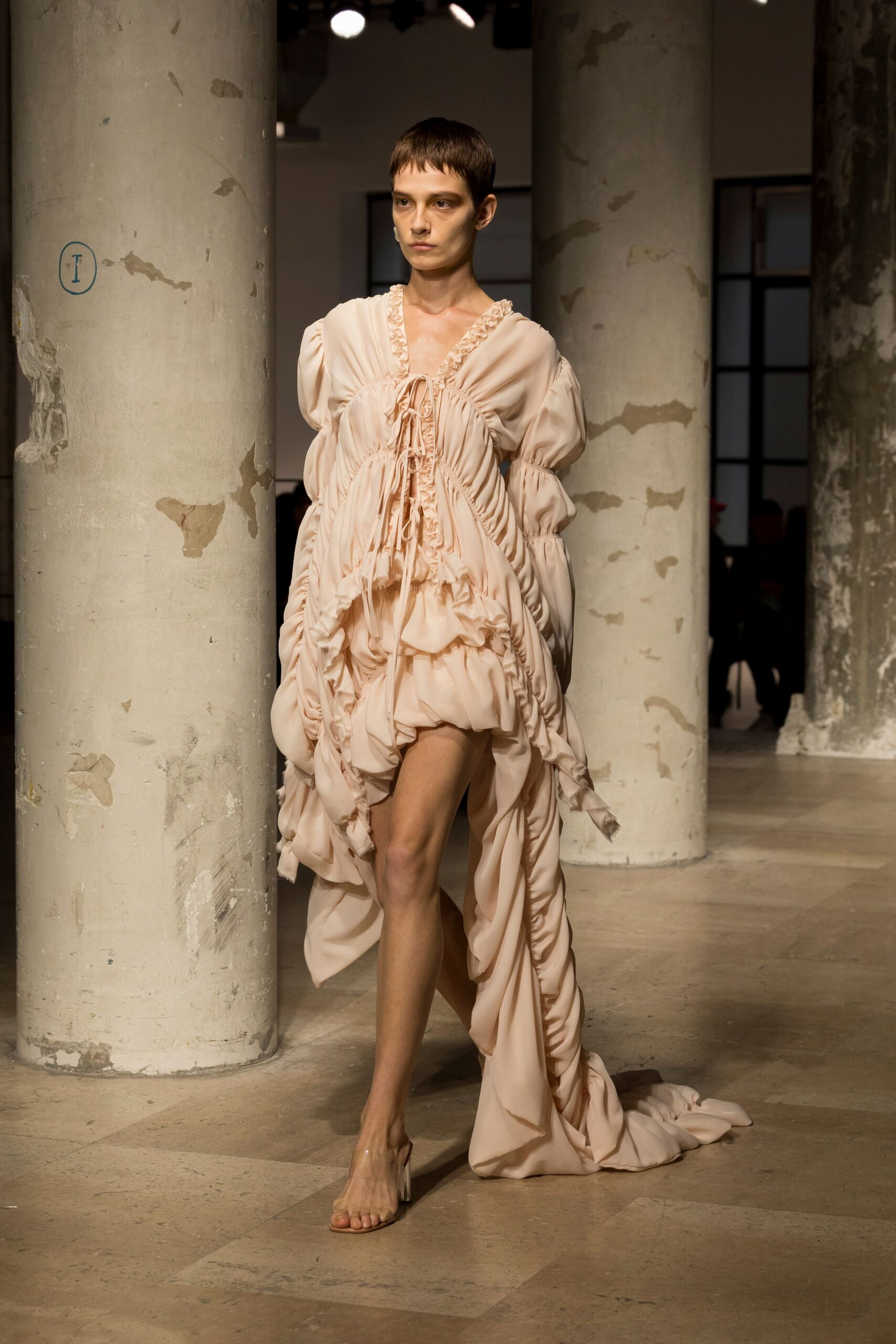 pink silk long-sleeve v-neck relaxed ruffled draped dress