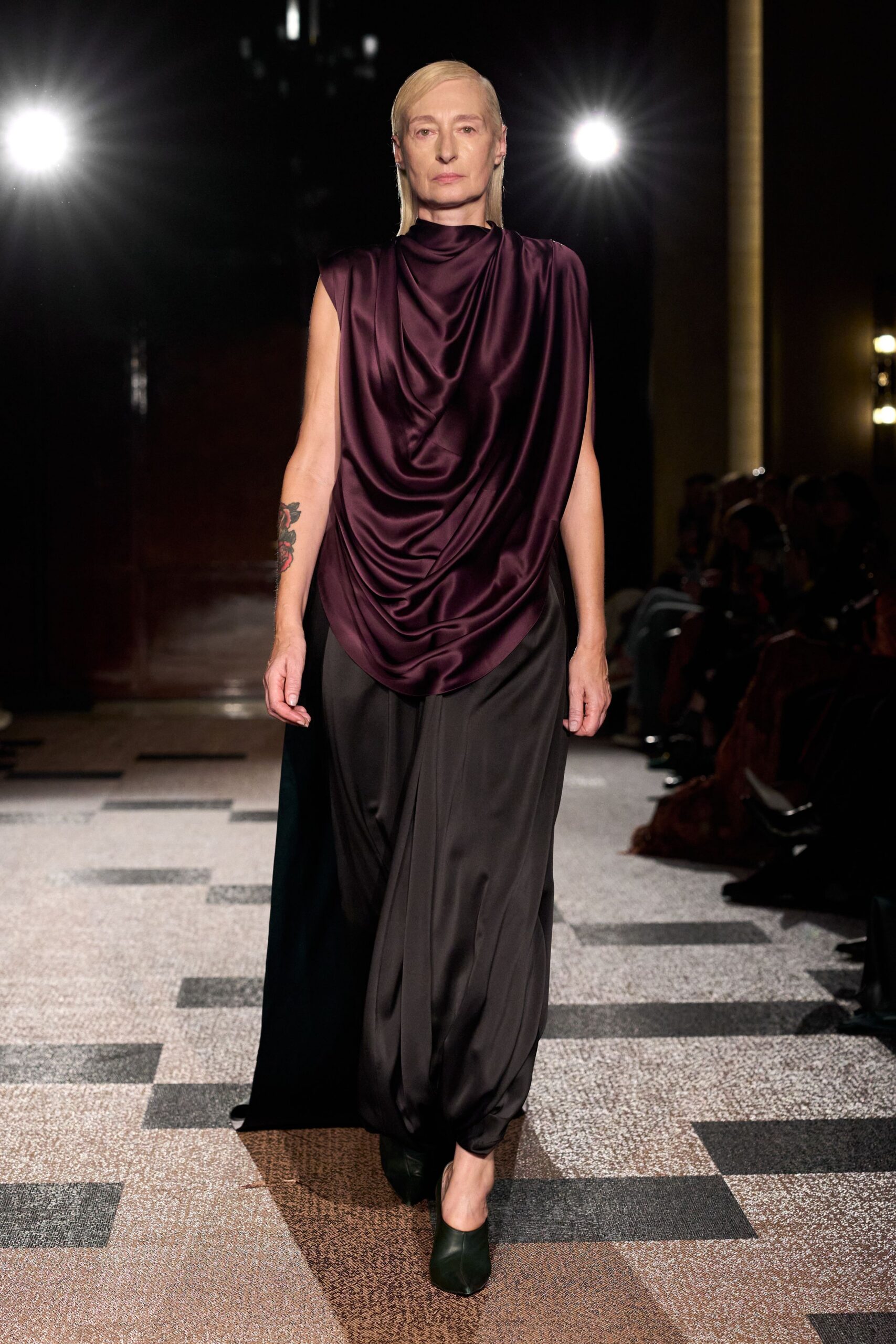purple silk sleeveless high-neck relaxed draped midi dress