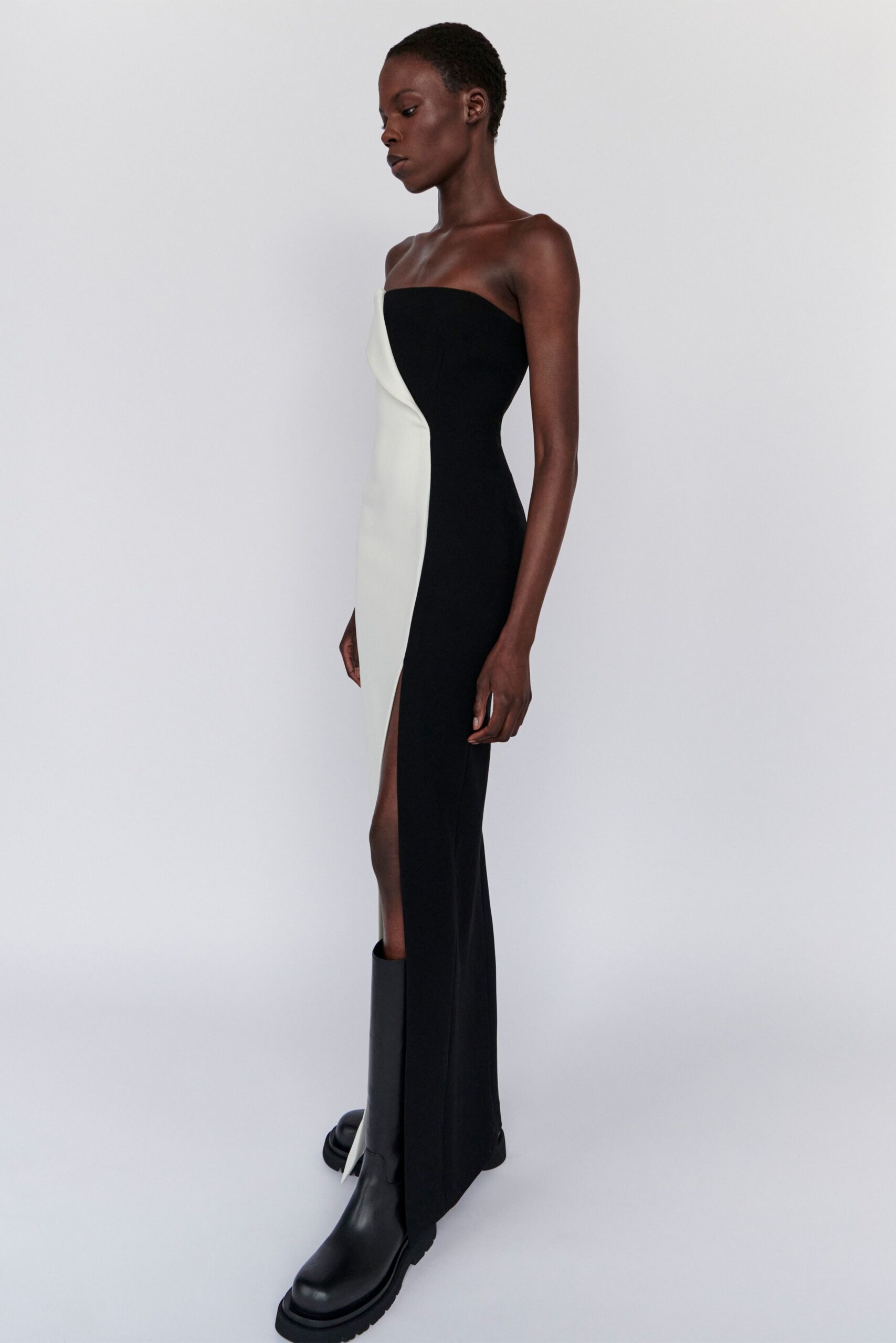 black and white color-blocked gown