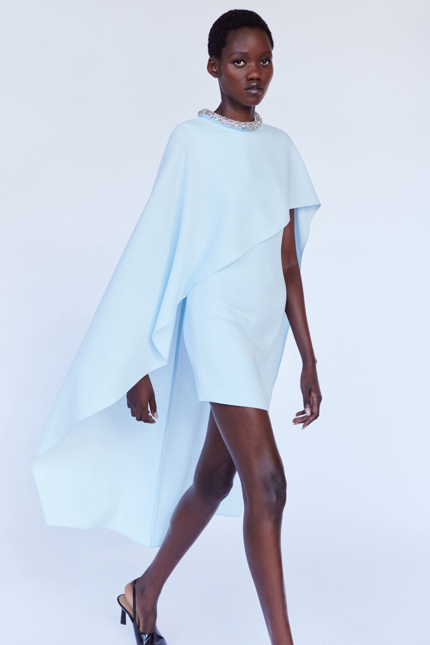 blue silk sleeveless asymmetric fitted mini dress
