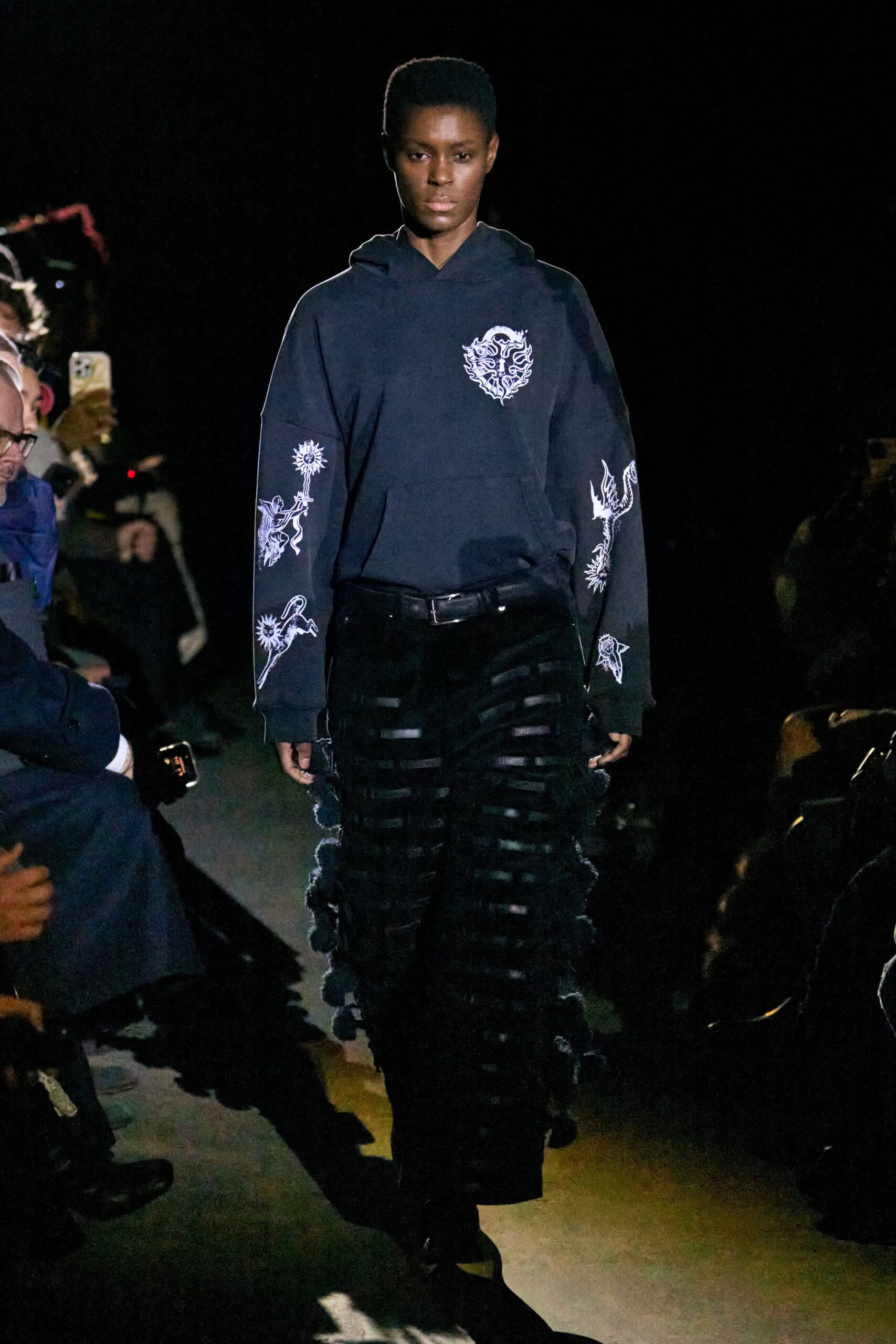 black embroidered hoodie with fringed pants