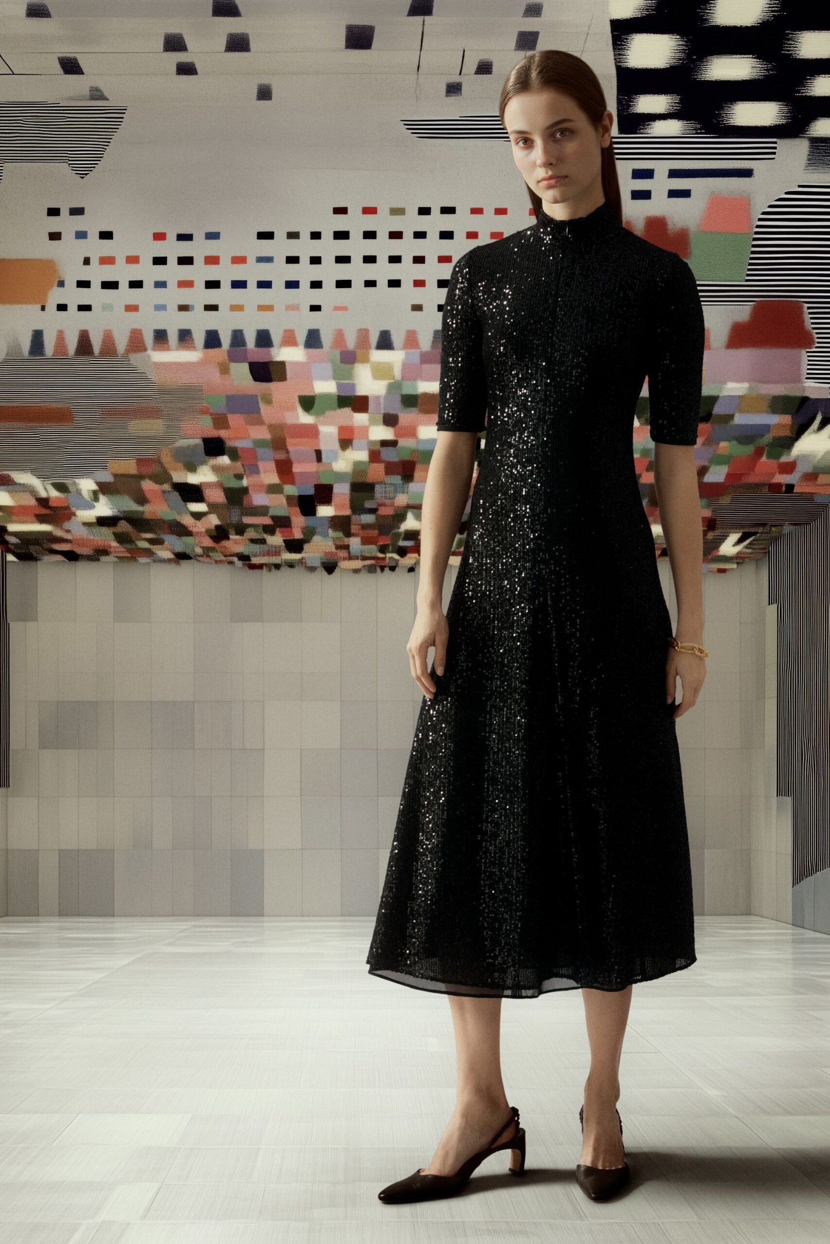 black sequined midi dress with shoes