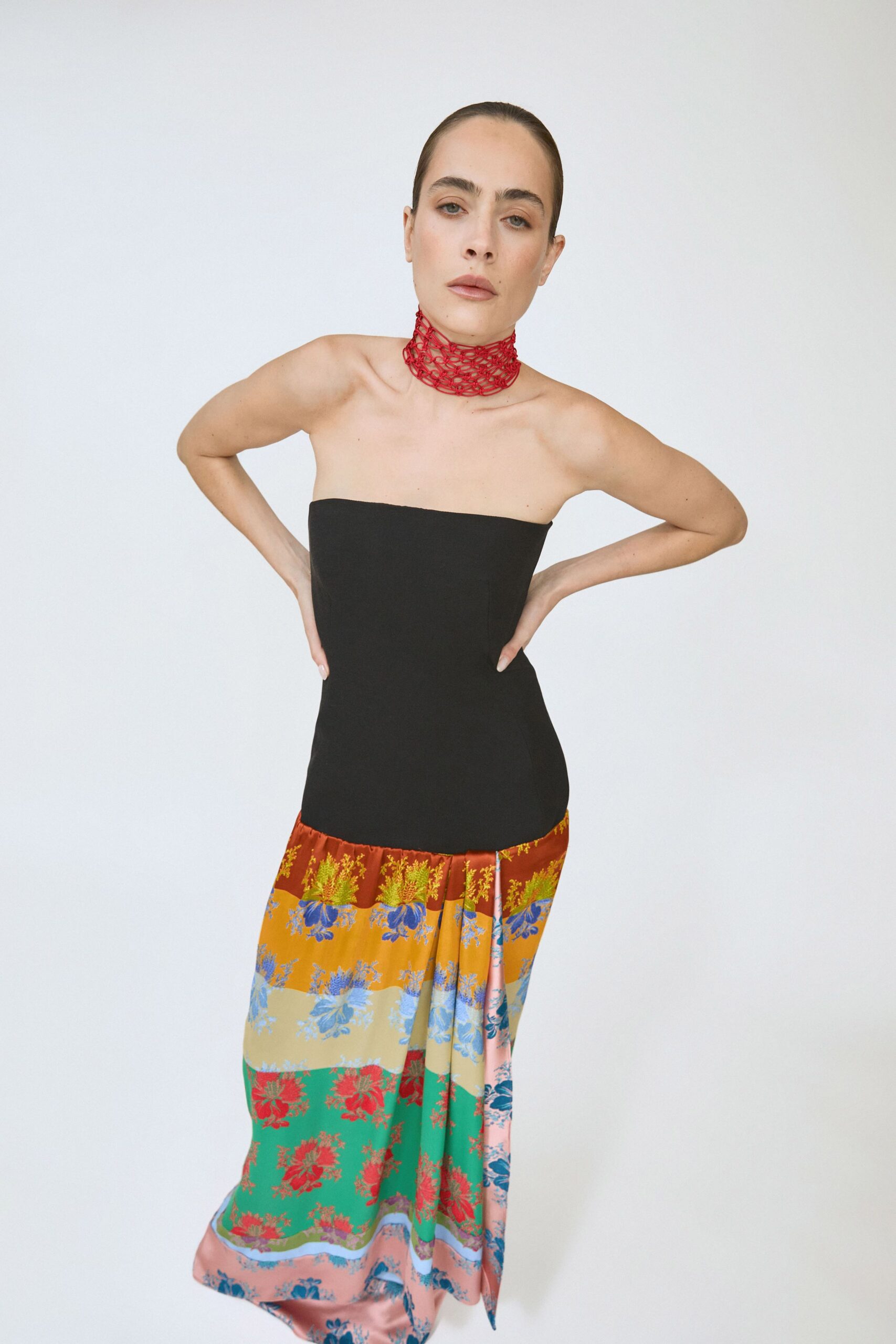 black cotton strapless fitted pleated maxi dress