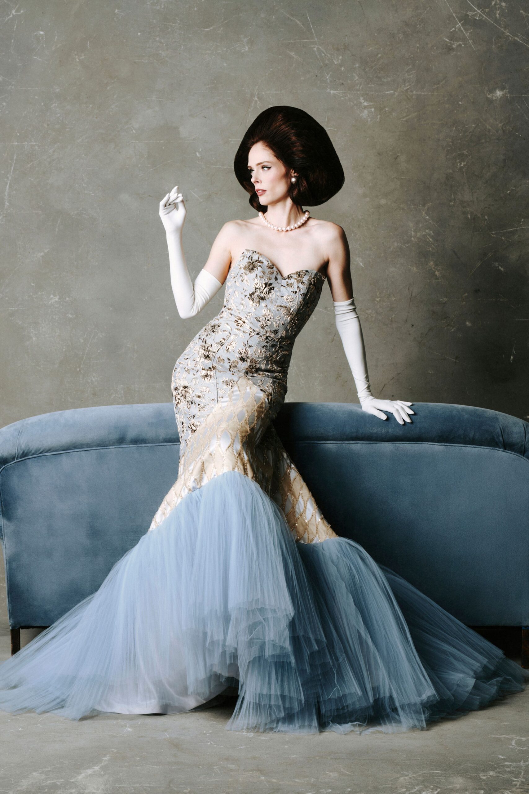 blue silk strapless fitted ruffled embroidered flowing gown