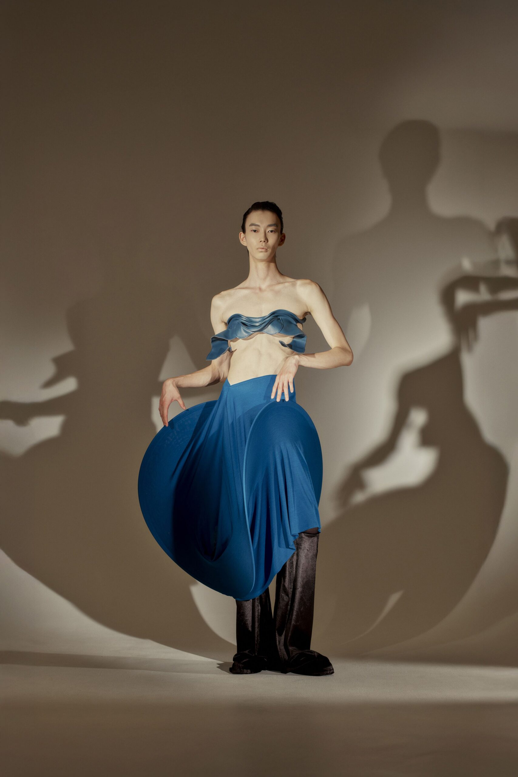 blue silk off-shoulder top and maxi skirt