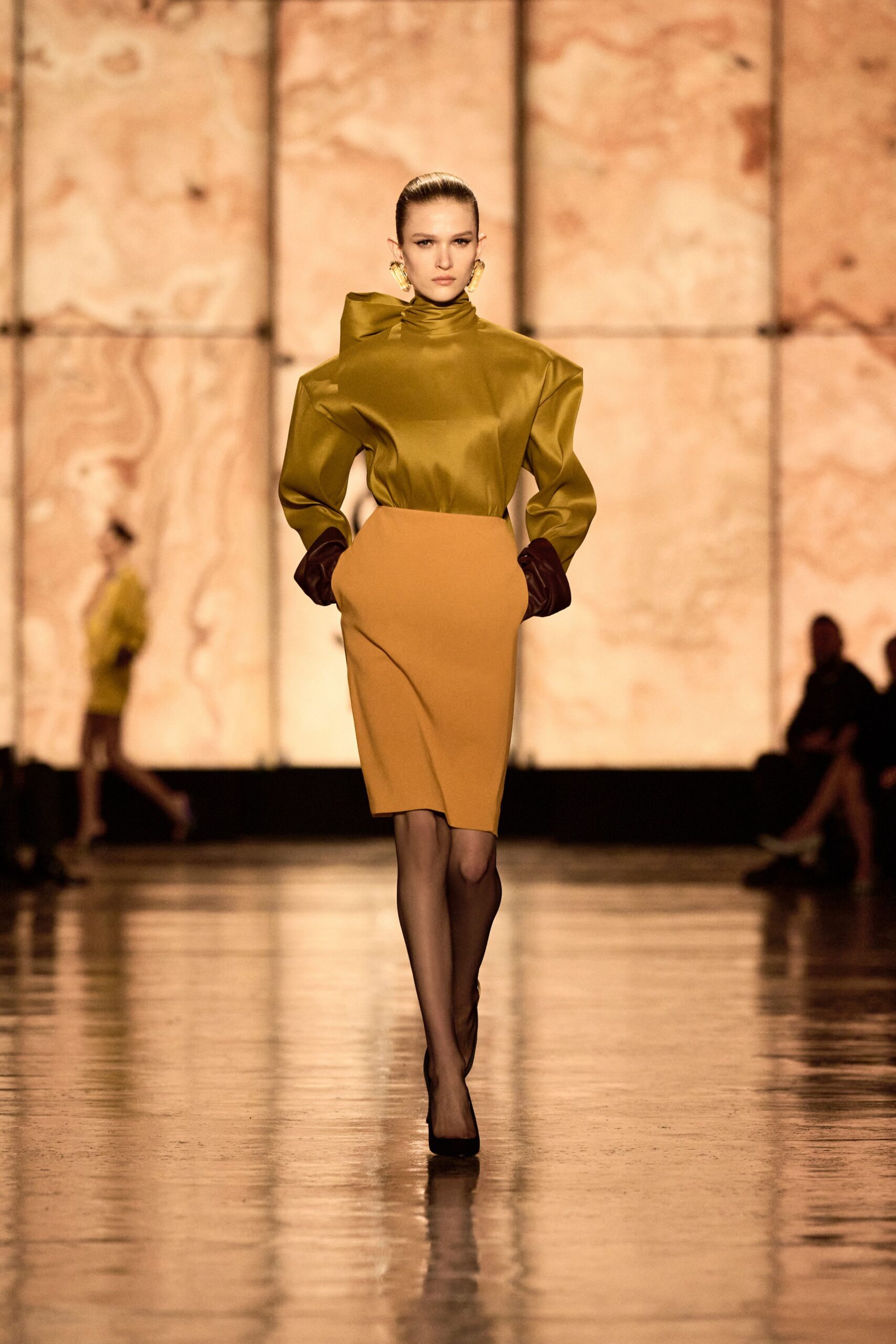 yellow silk long-sleeve high-neck fitted structured top