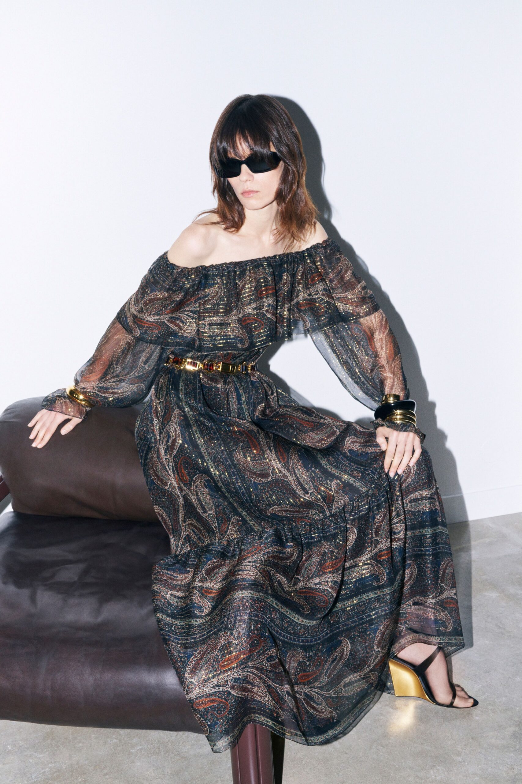 multi silk long-sleeve off-shoulder relaxed printed layered gown