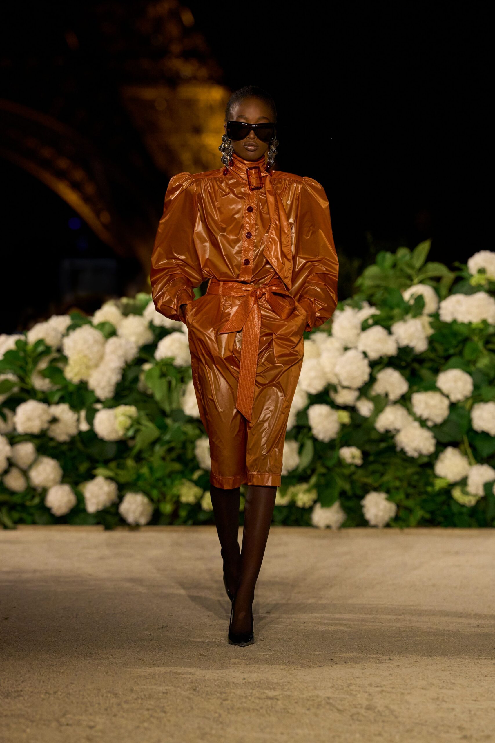 orange vinyl long-sleeve collared fitted buttoned belted jacket