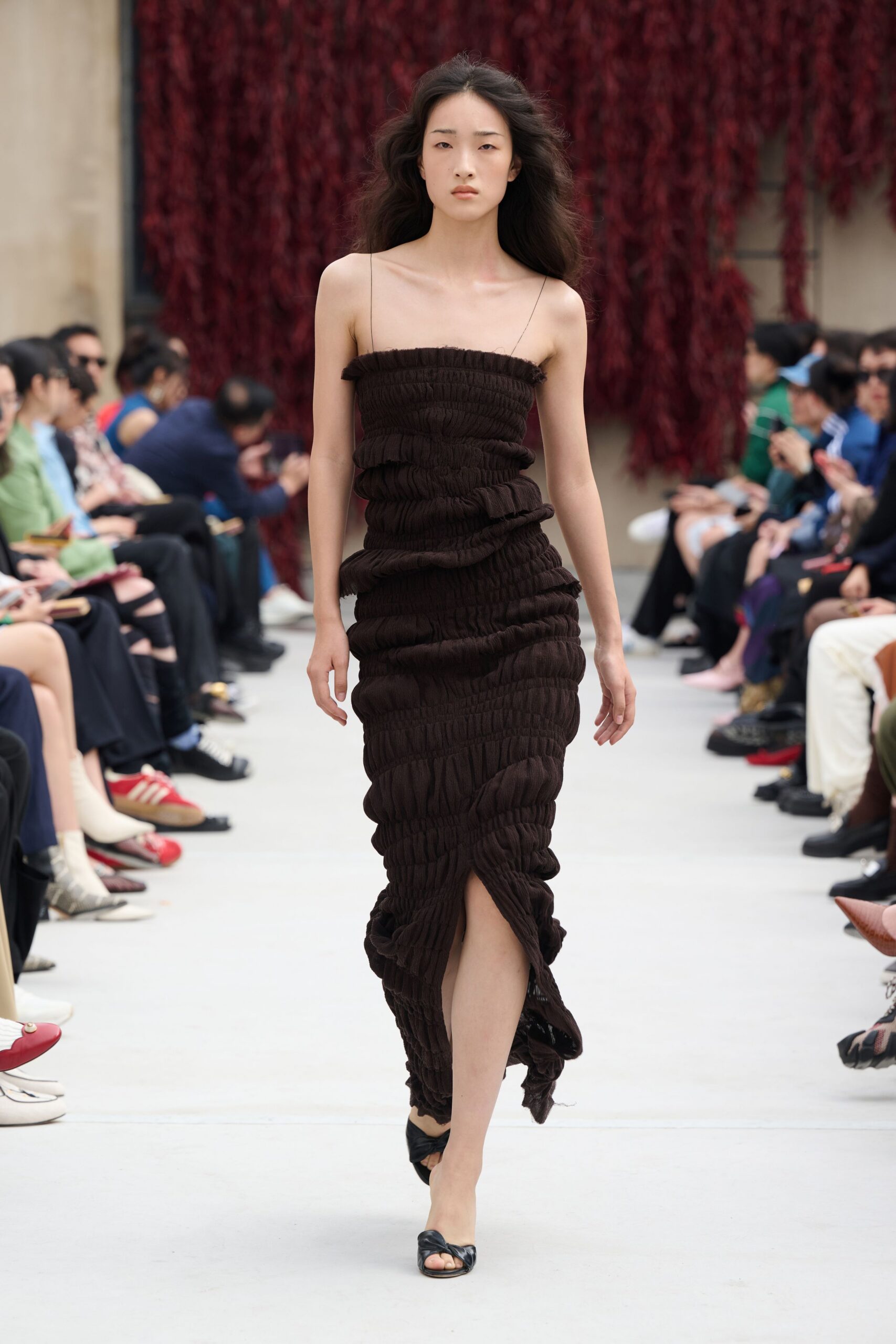 brown silk ruched maxi dress