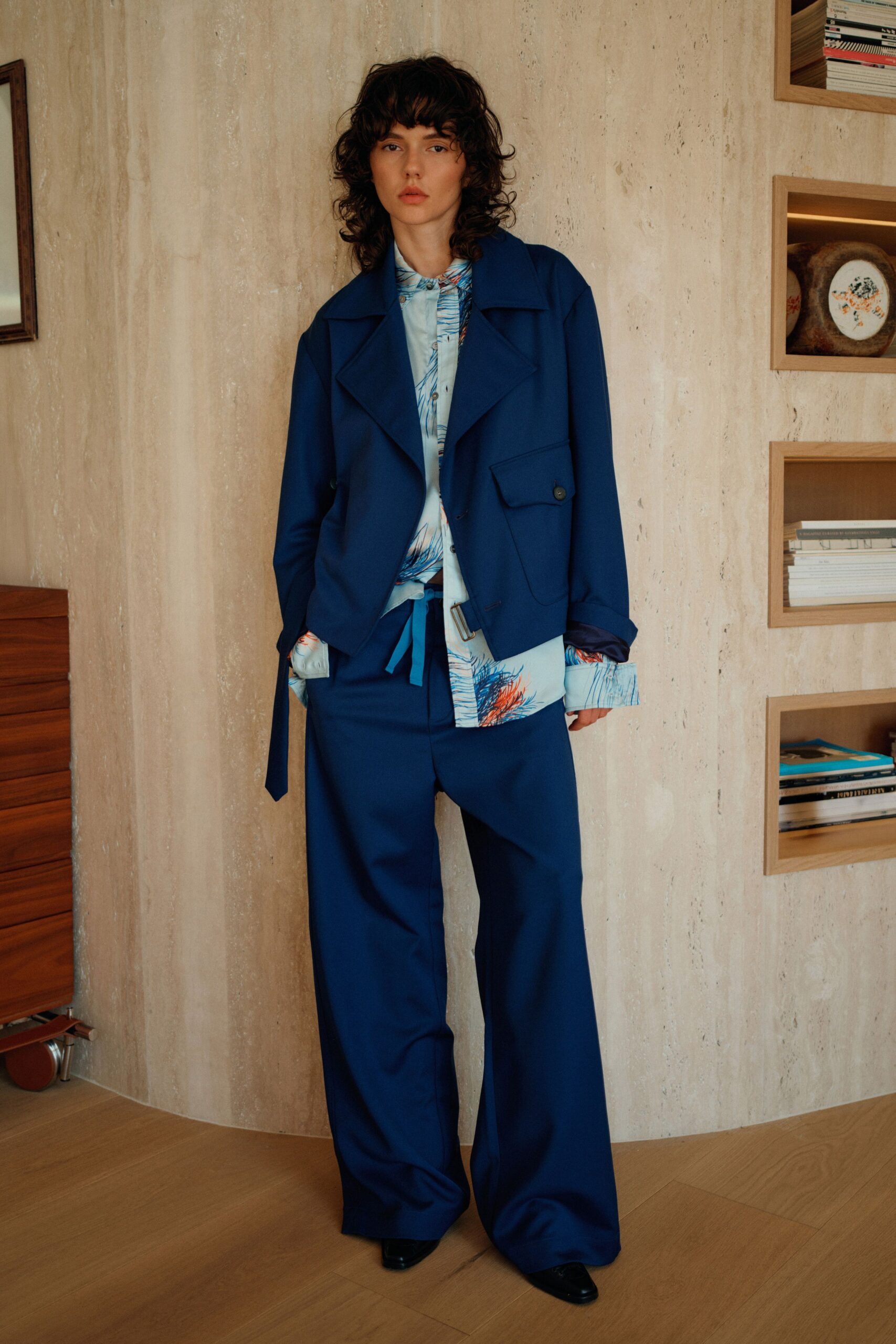 blue relaxed jacket with printed shirt