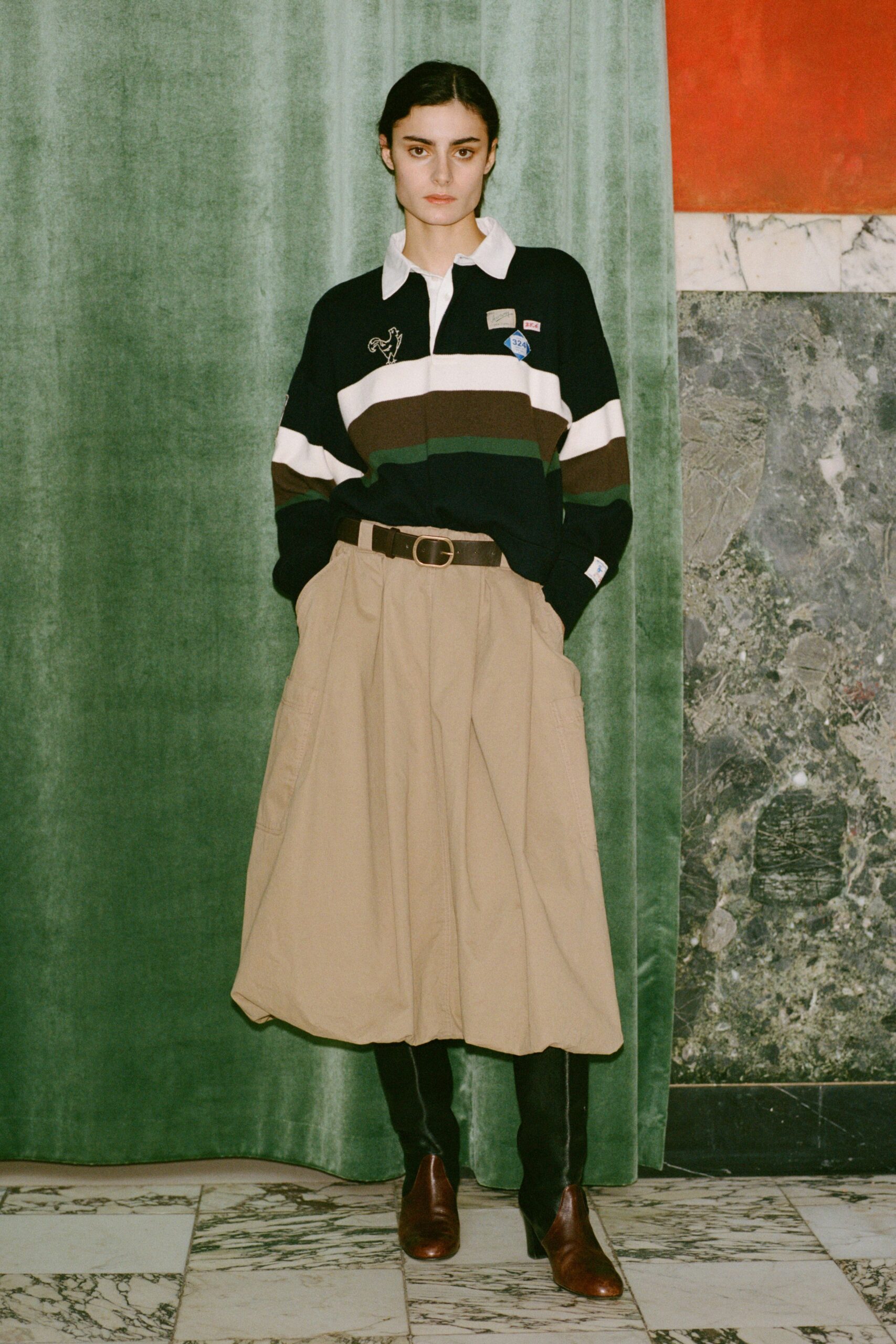 color-blocked shirt with pleated skirt