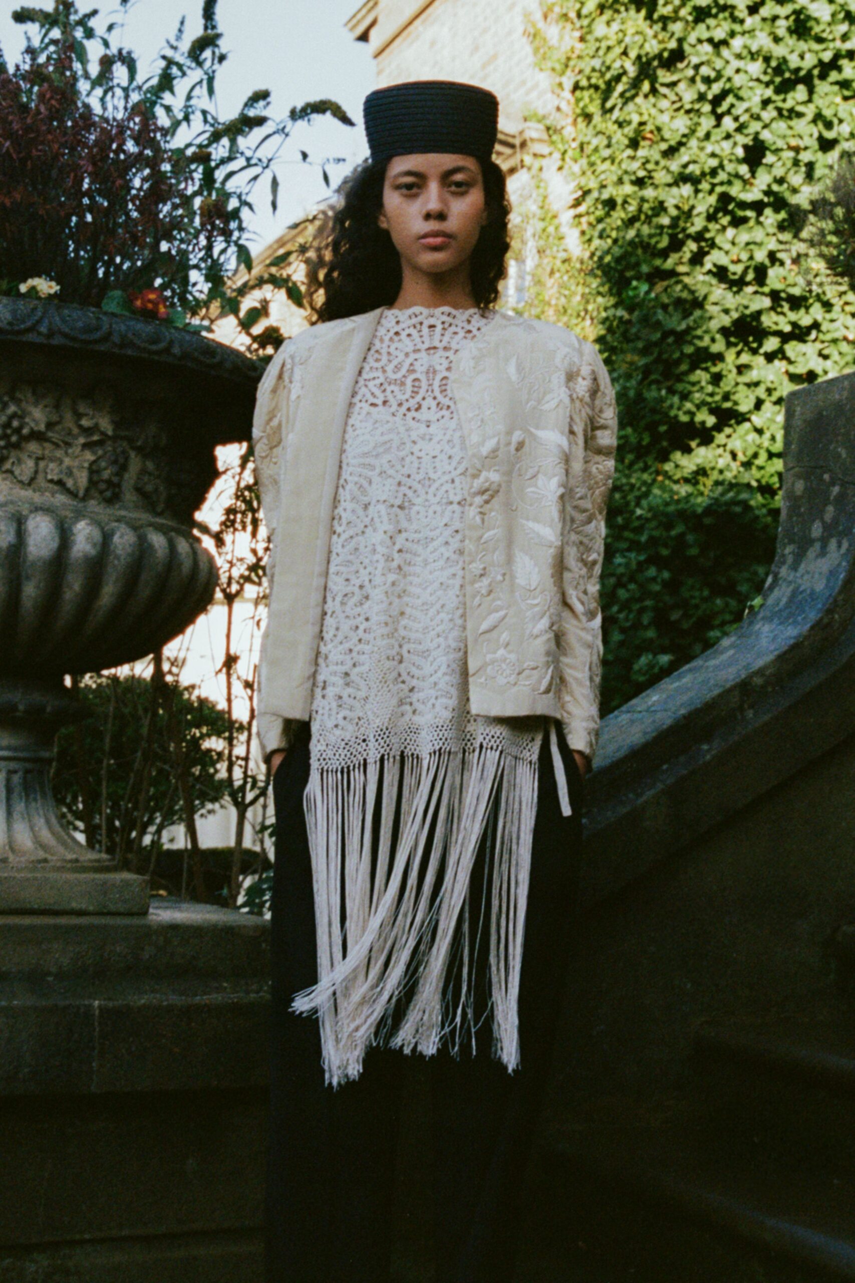 beige silk long-sleeve relaxed embroidered fringed jacket