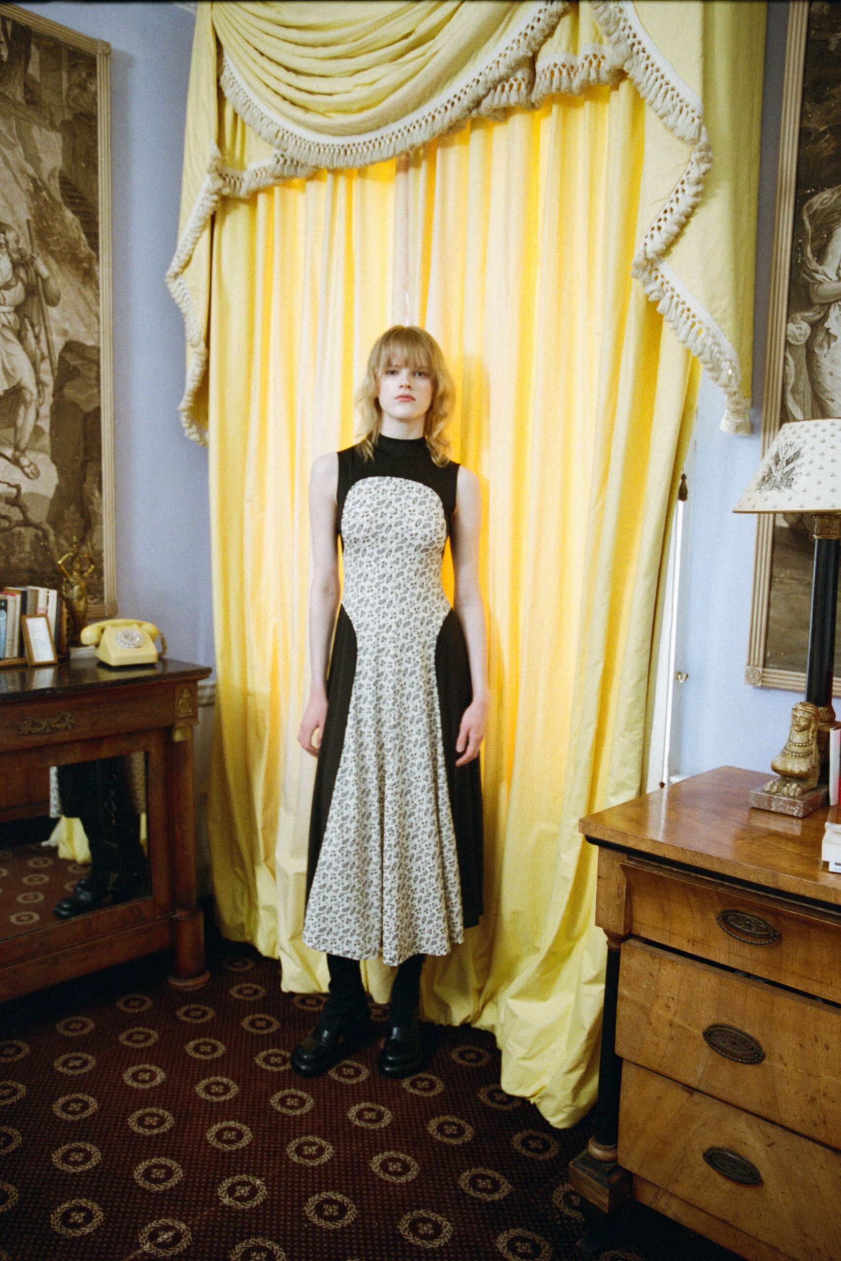 black and white midi dress with boots