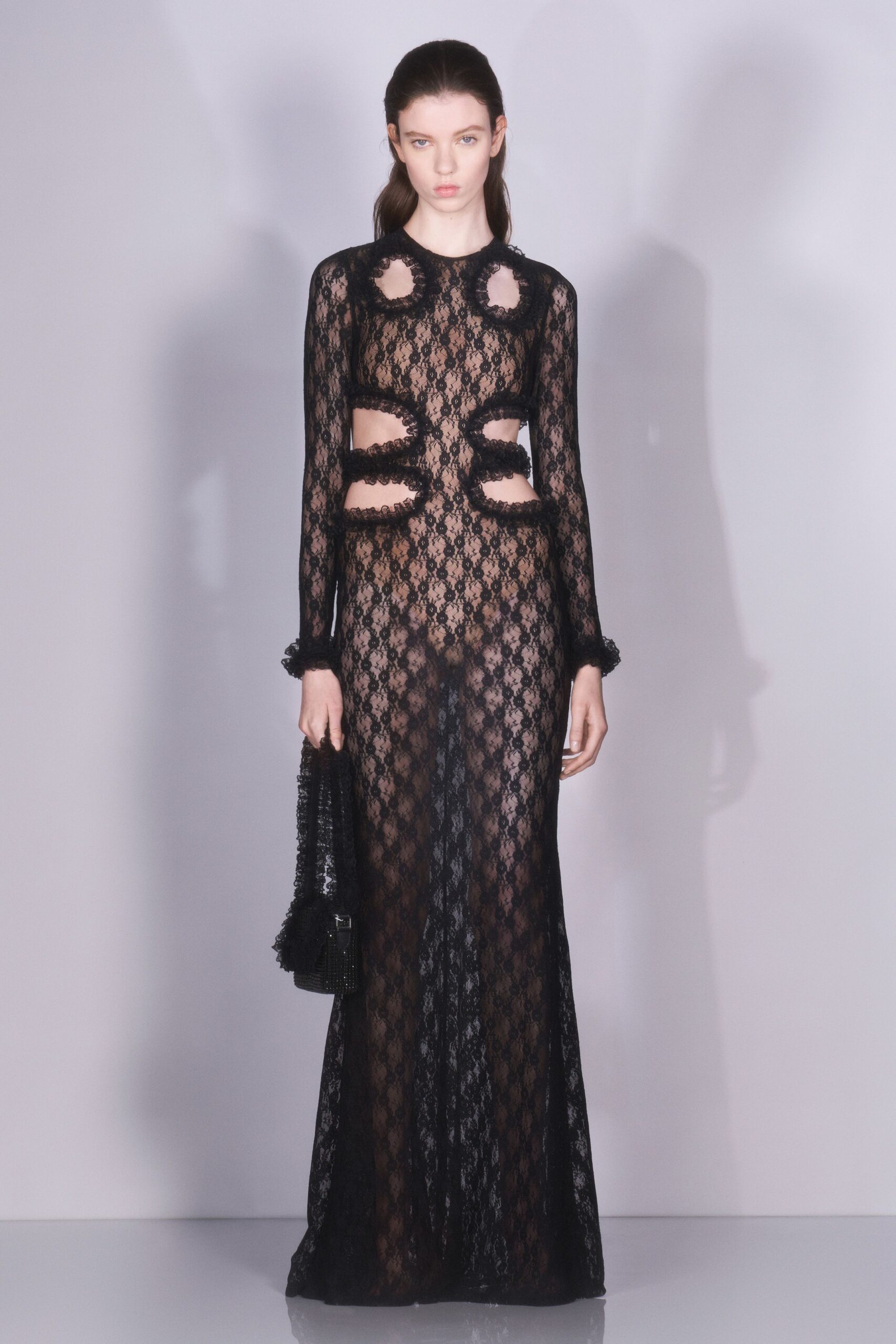 black lace long-sleeve v-neck fitted draped gown