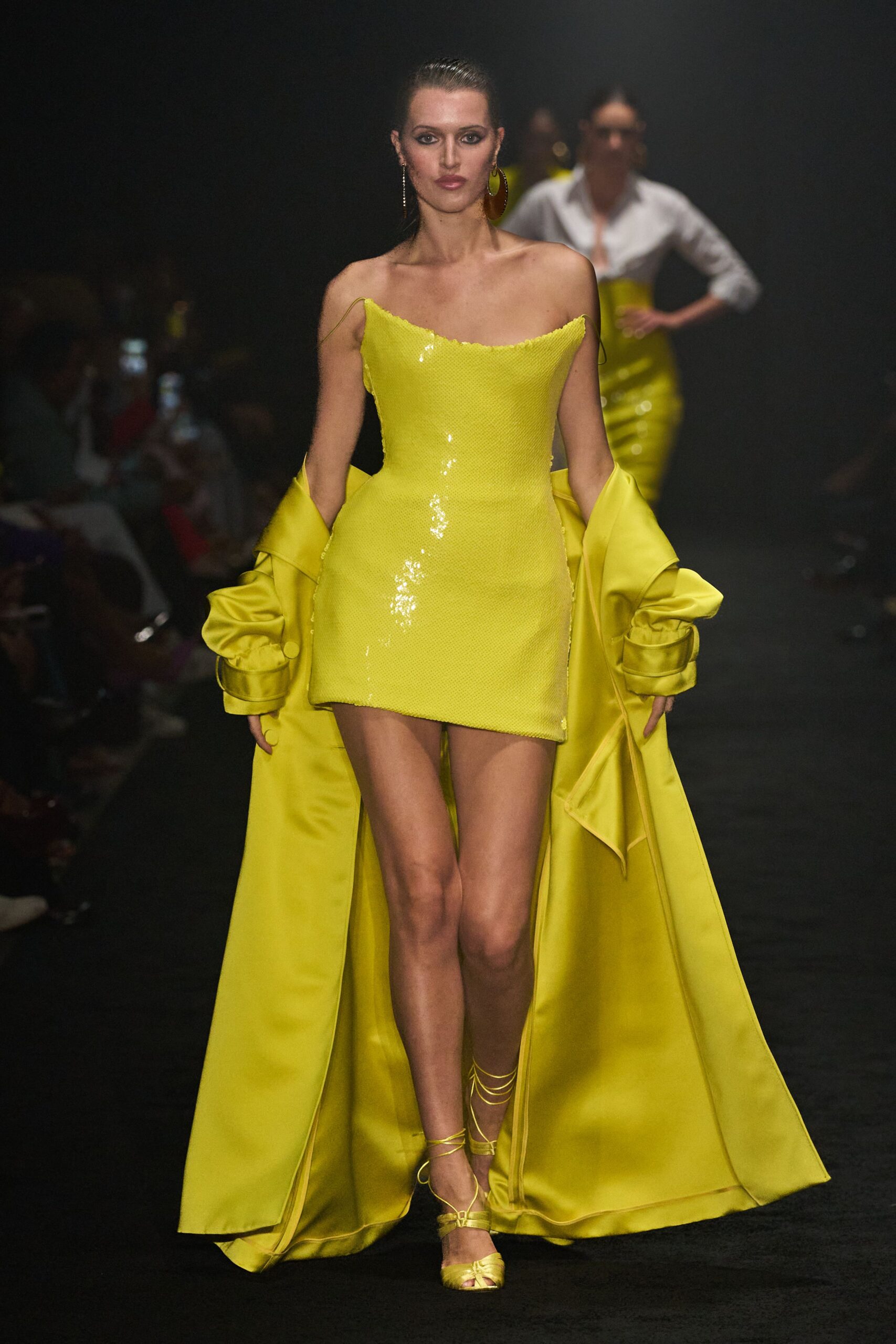 yellow sequin sleeveless off-shoulder fitted zippered shiny dress
