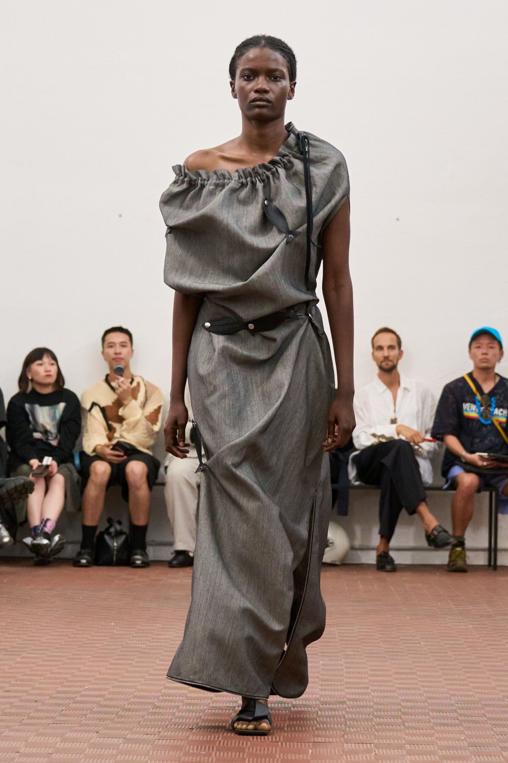 gray denim sleeveless off-shoulder relaxed draped zippered dress
