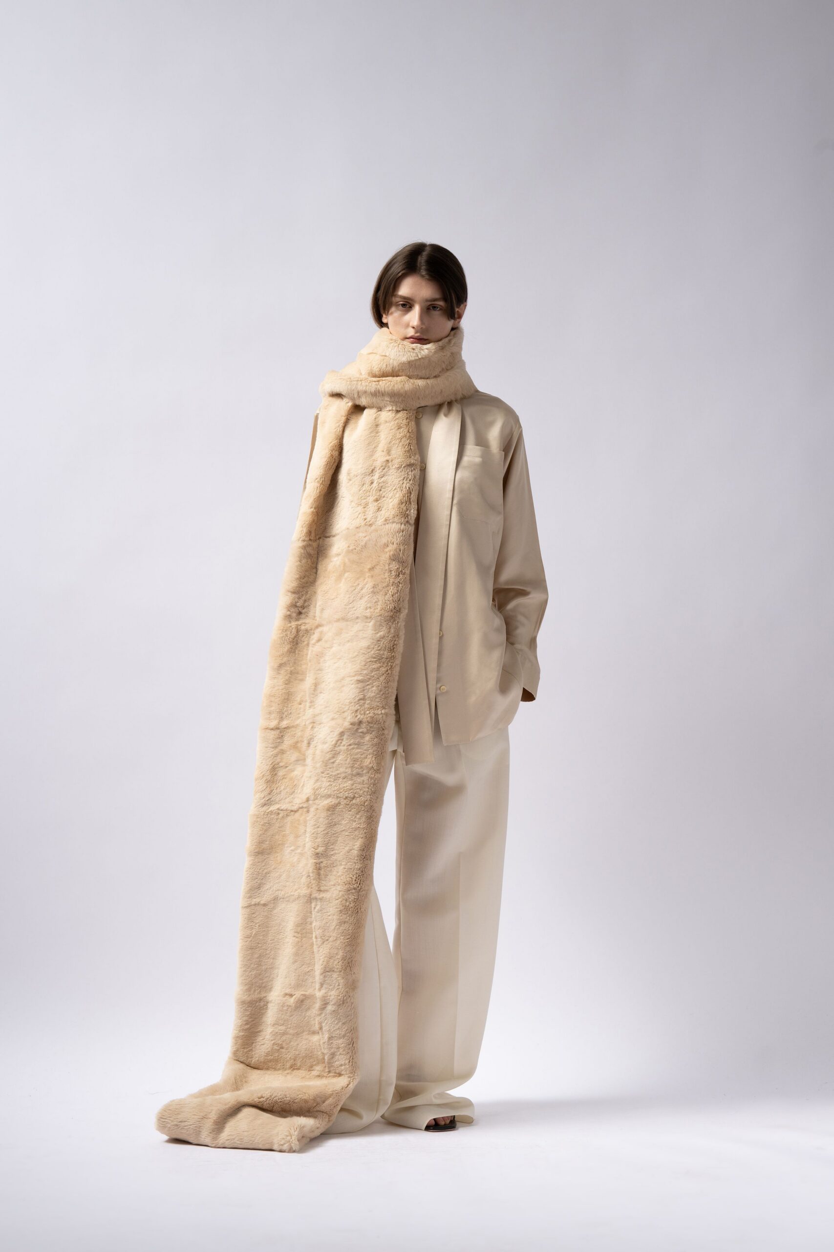 beige silk shirt and pants