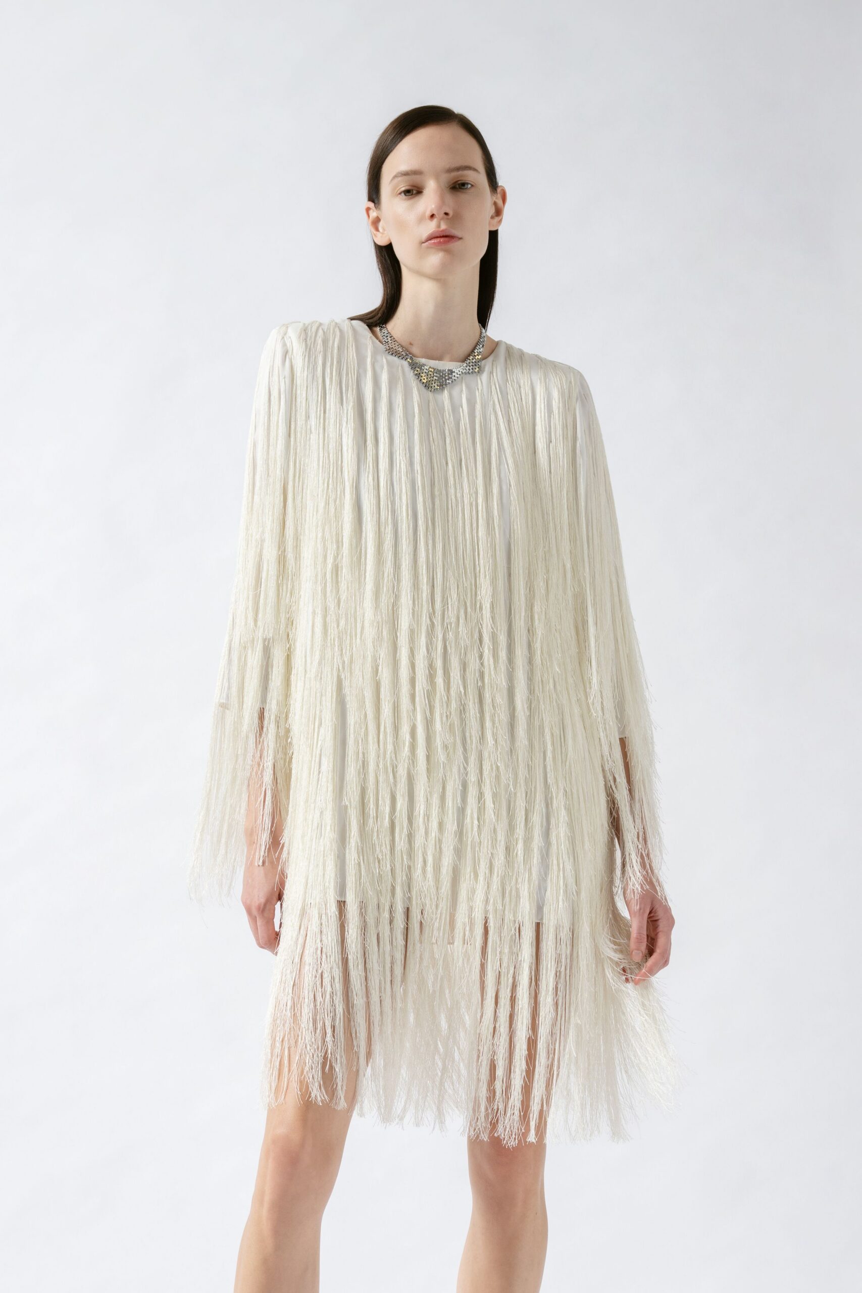 white fringed mini dress
