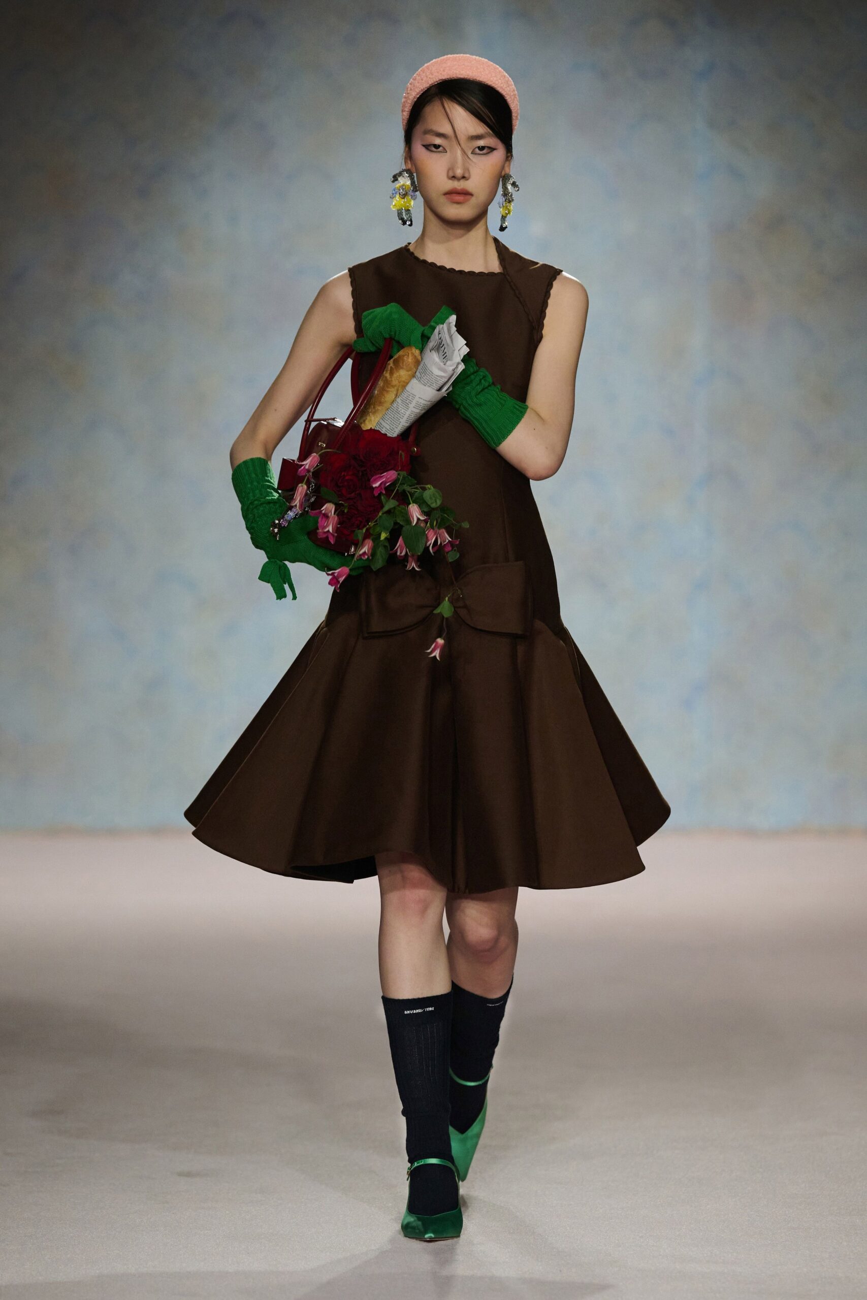 brown cotton sleeveless high-neck fitted flared midi dress