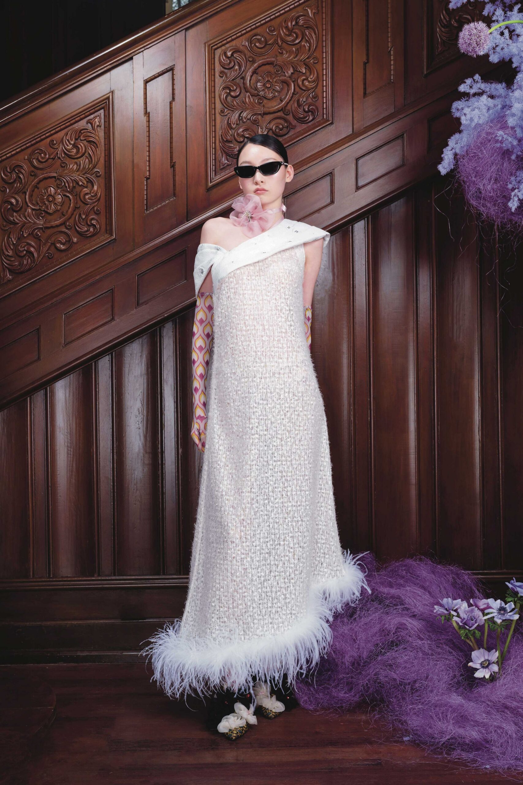 white off-shoulder fringed dress