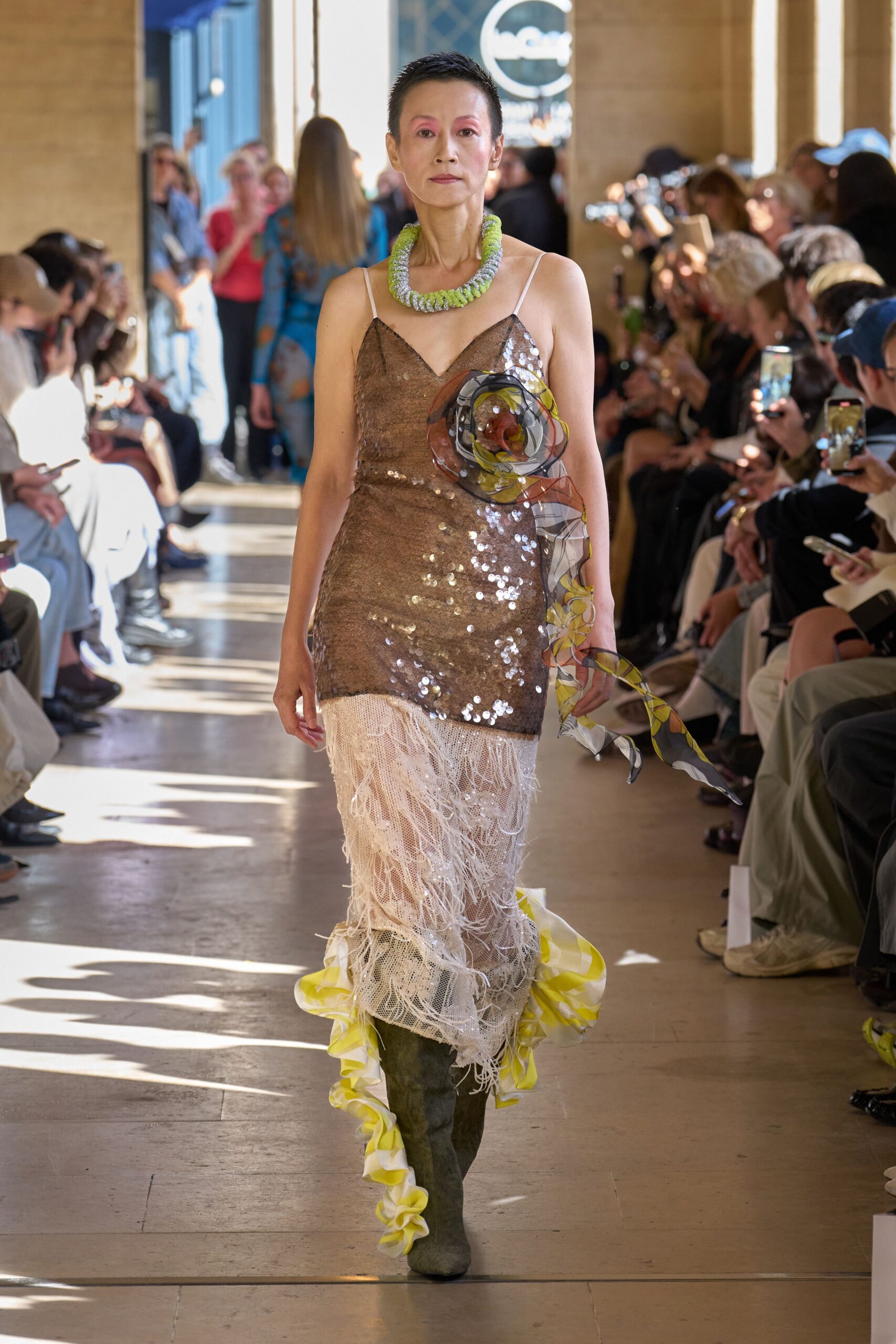 brown sequin sleeveless v-neck fitted tiered ruffled dress
