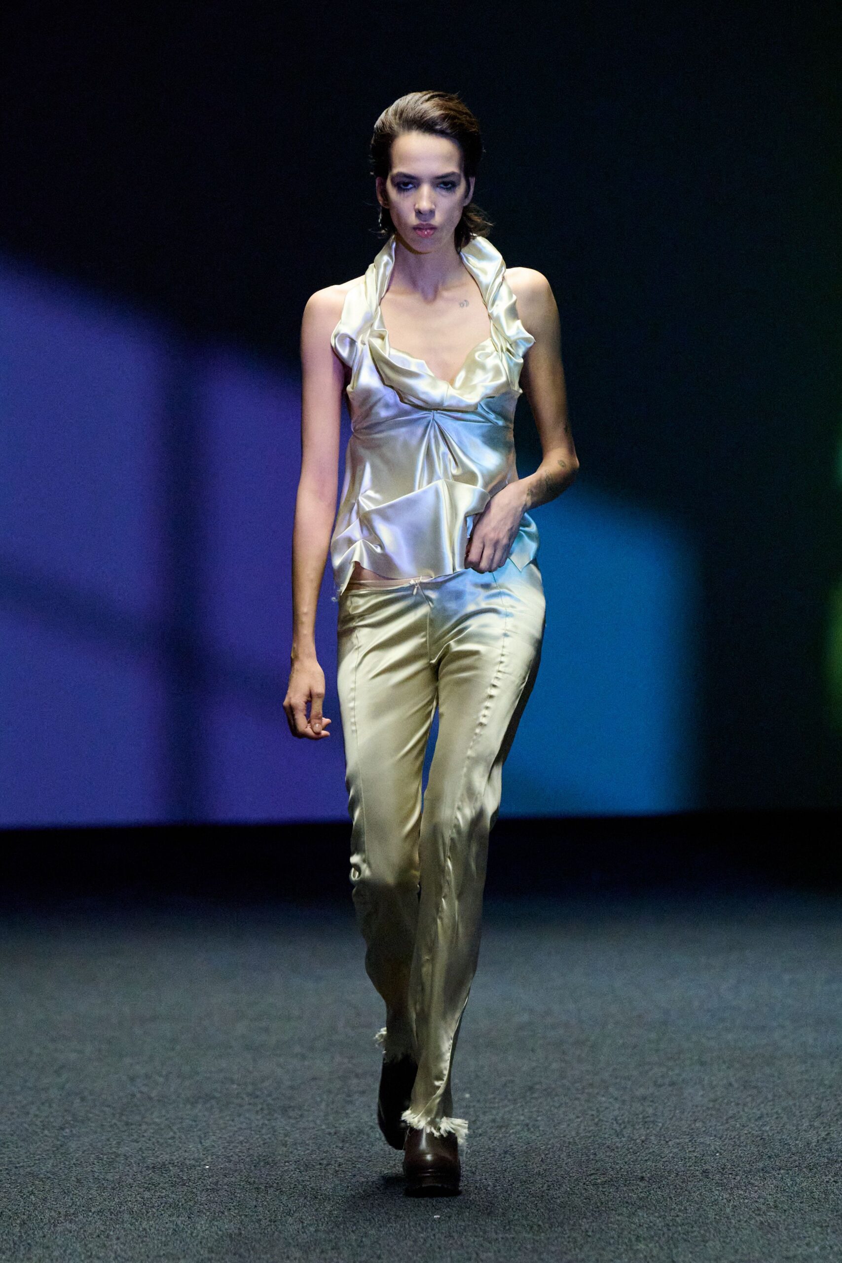 gold satin fitted straight-leg shiny pants
