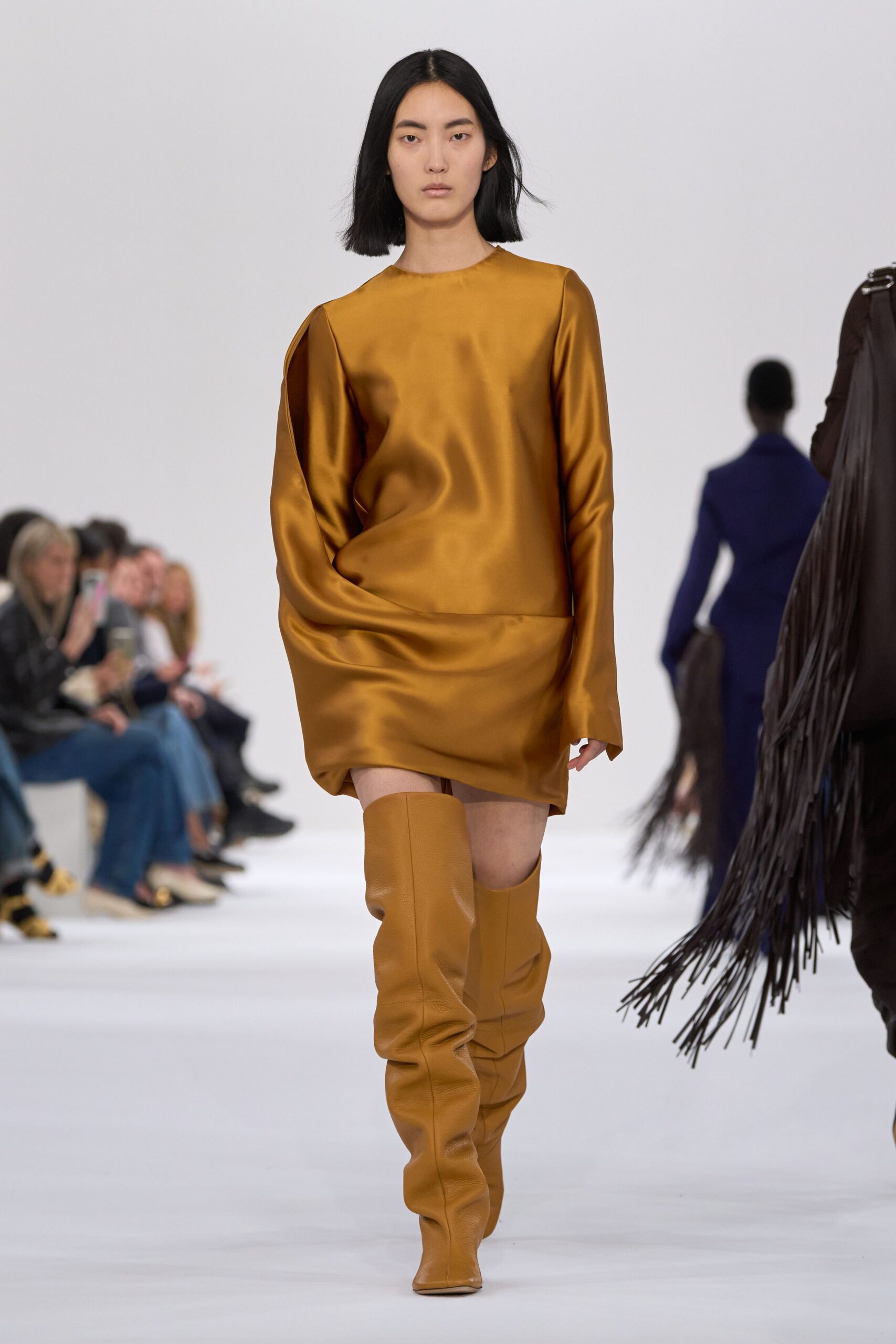 orange silk long-sleeve collared relaxed shiny mini dress