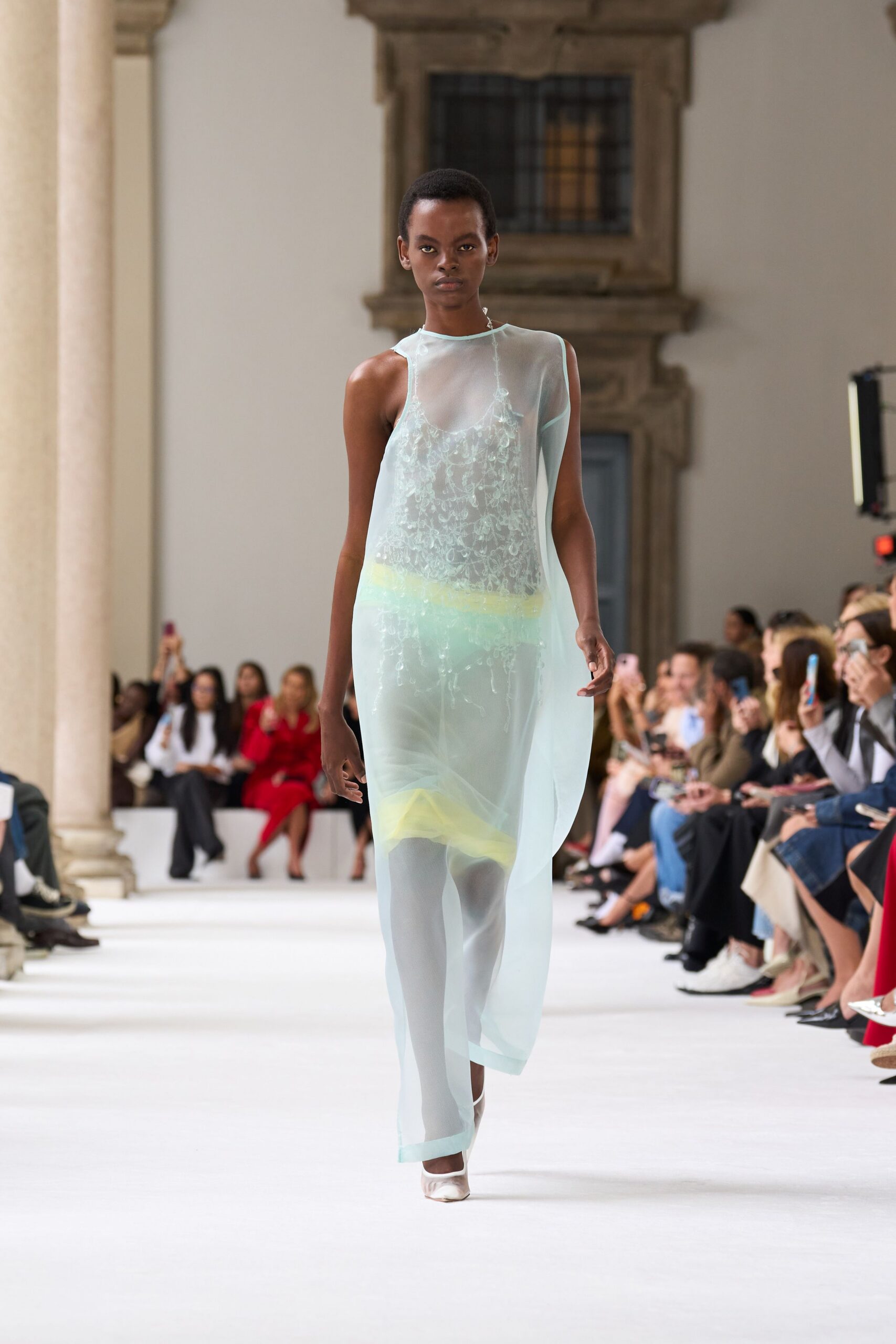 teal silk sleeveless high-neck relaxed draped gown