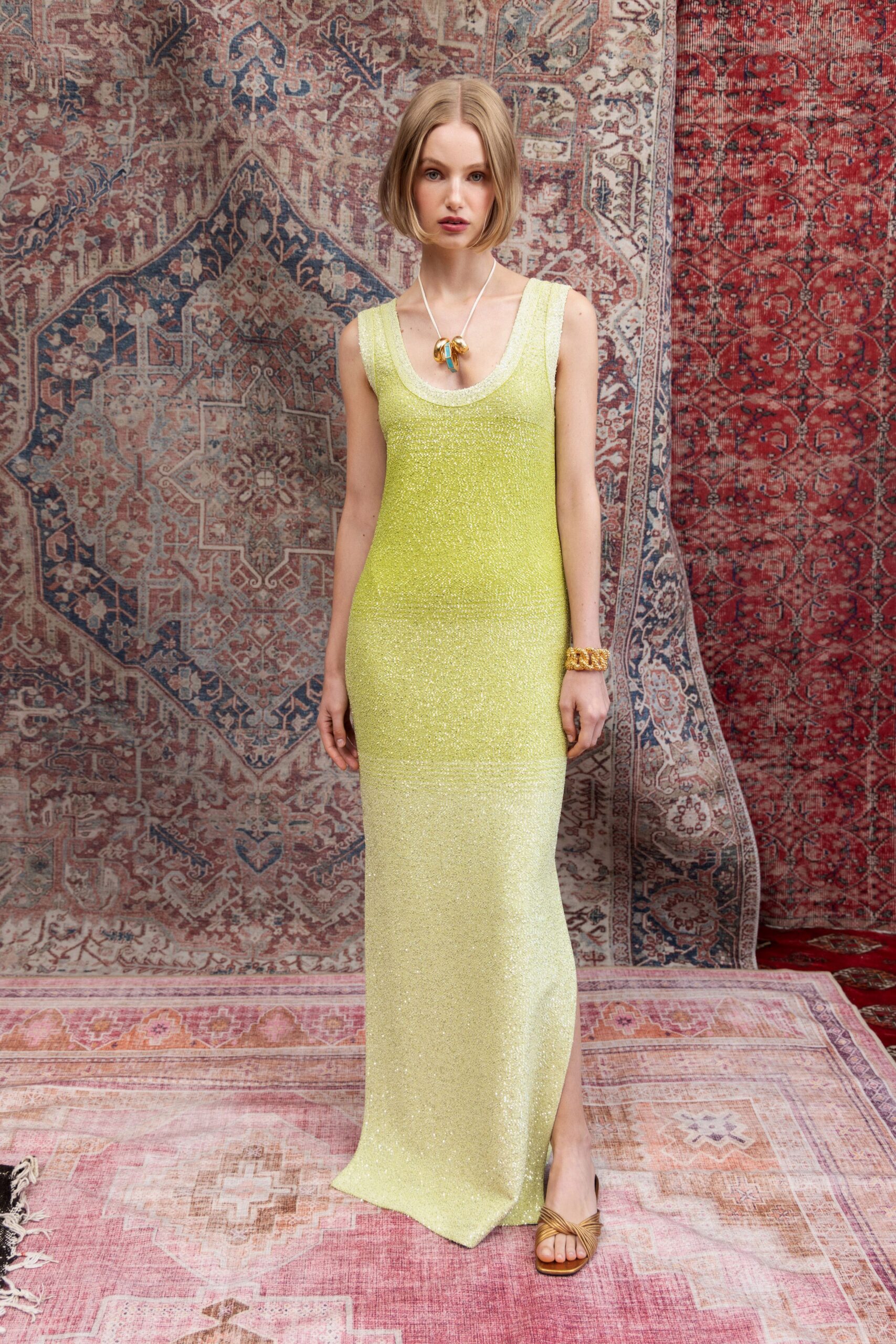 yellow silk sleeveless v-neck fitted shiny flowing gown