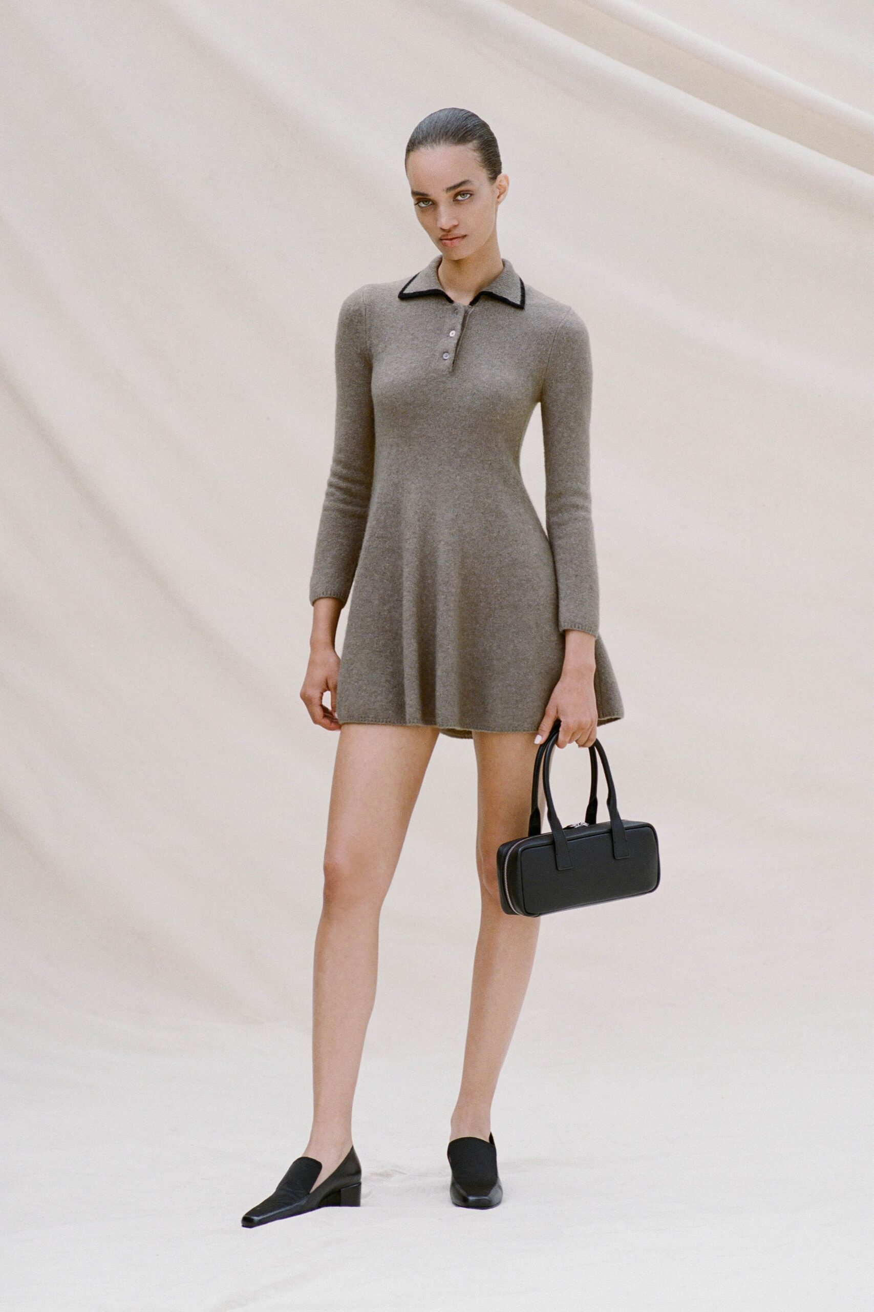 gray wool long-sleeve collared fitted a-line mini dress