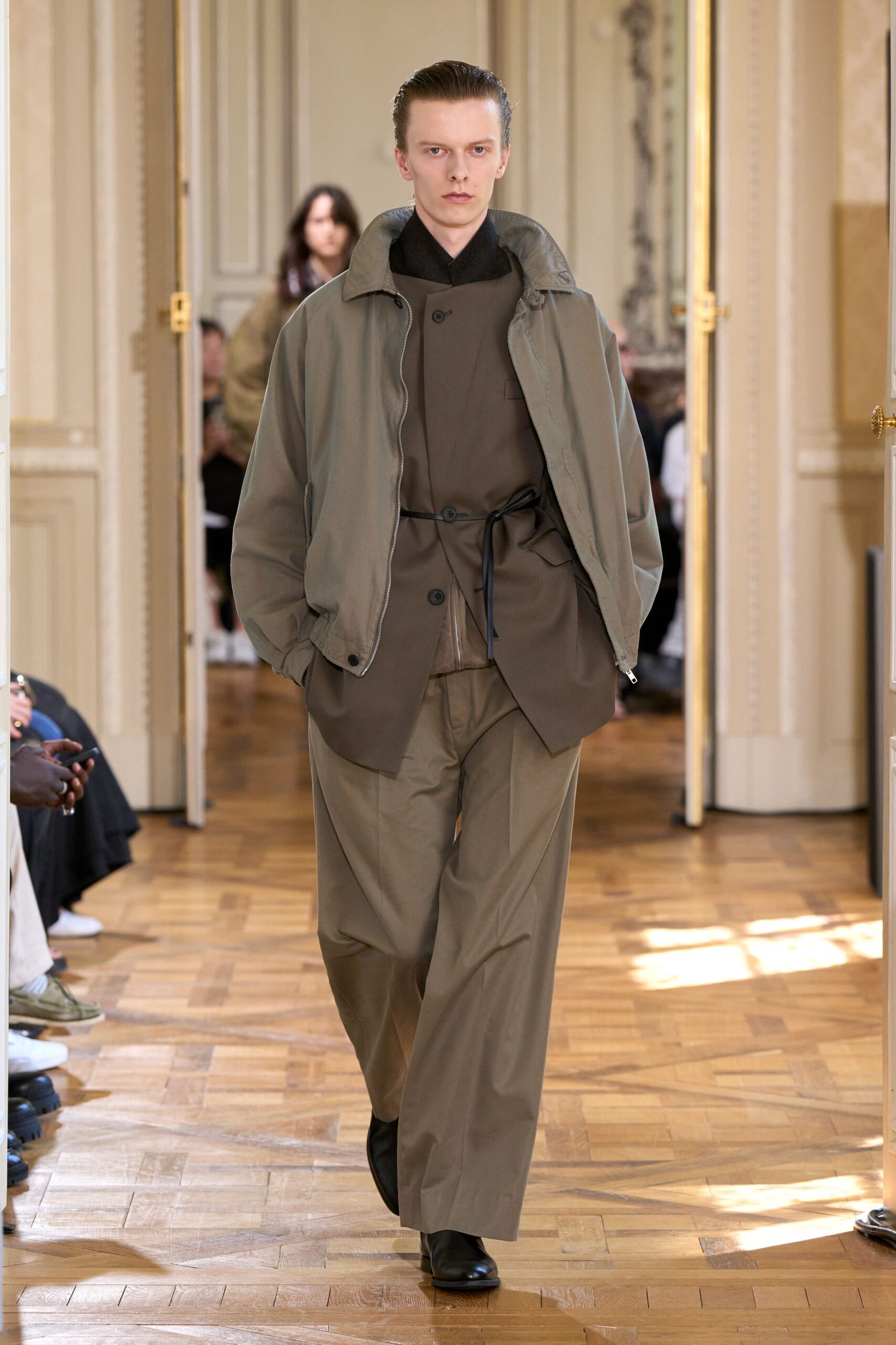 gray relaxed jacket beige pants