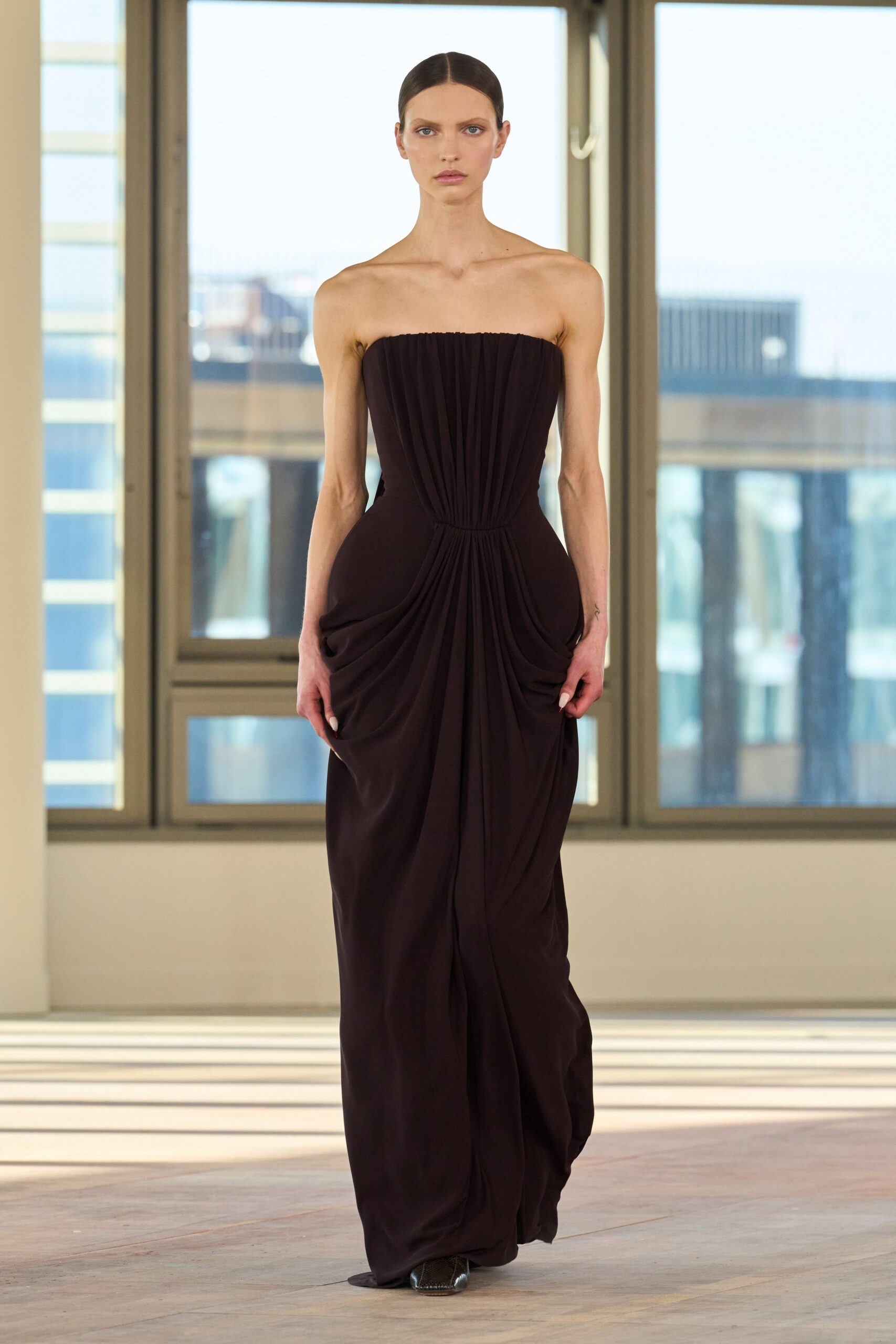 black silk strapless gown