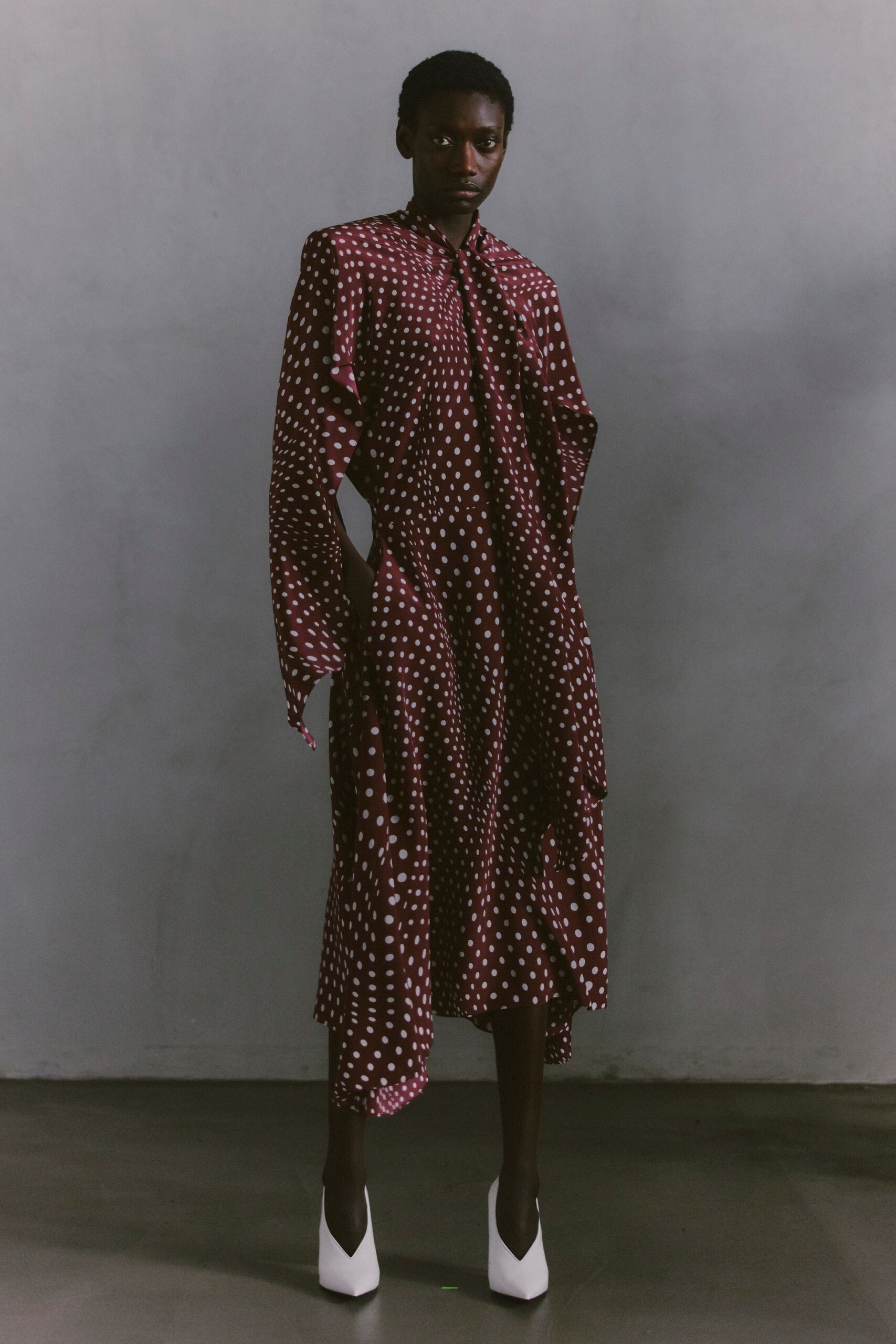 red silk long-sleeve collared relaxed polka-dot draped dress