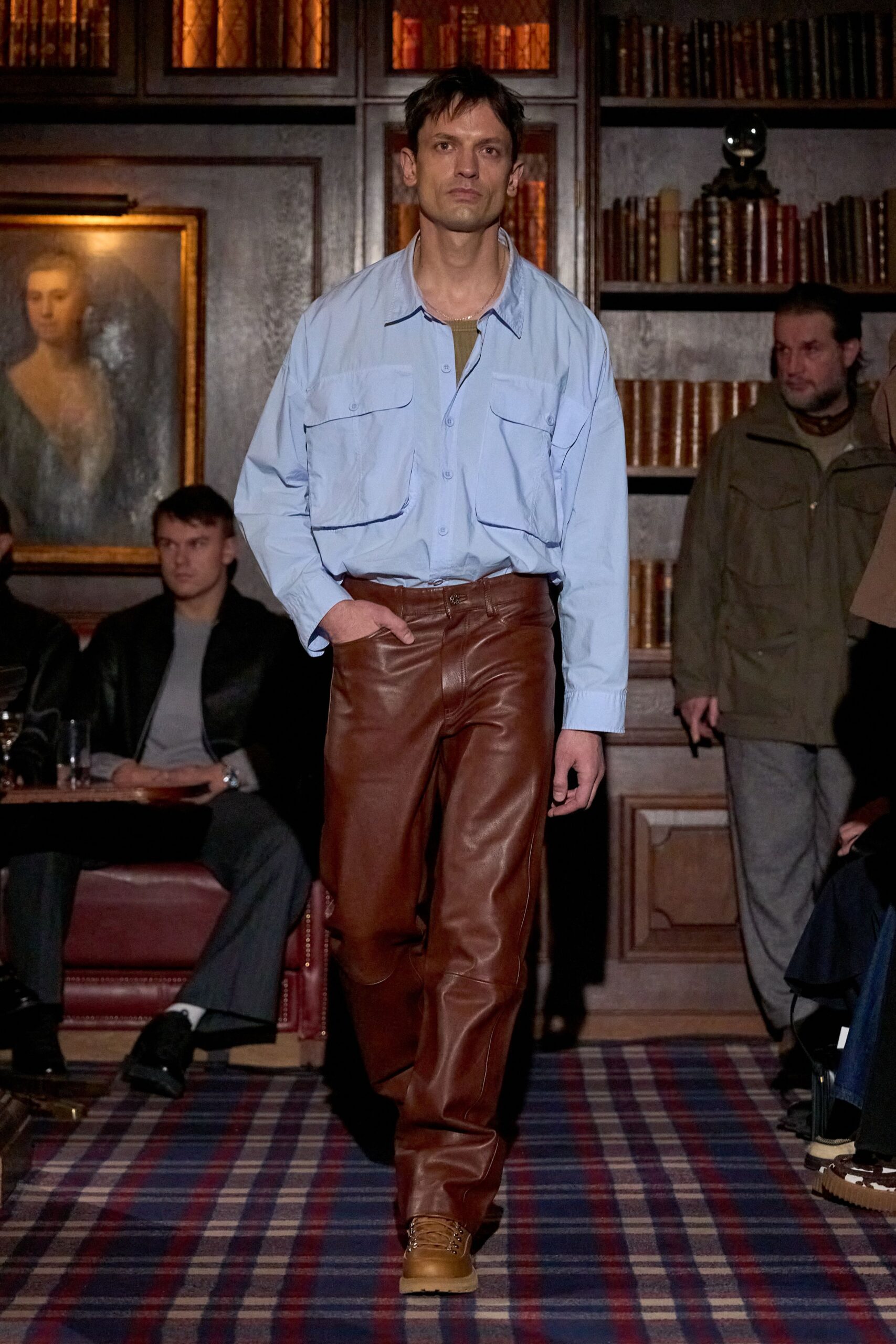 light blue shirt brown leather pants