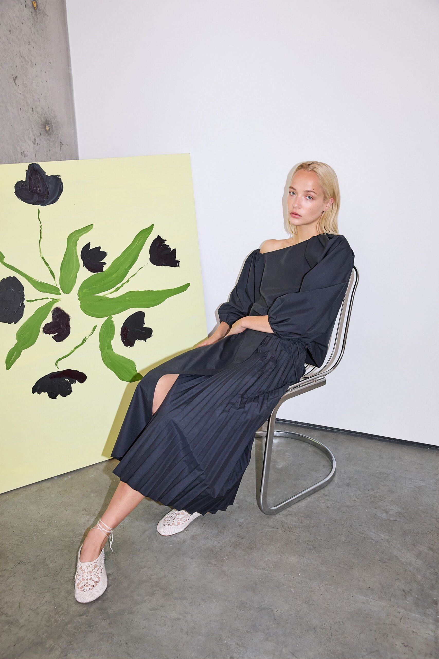 black cotton sleeveless off-shoulder relaxed pleated draped dress