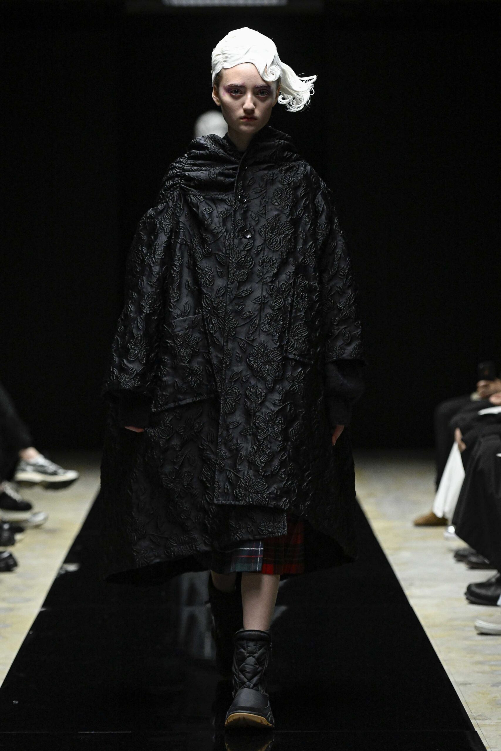 black silk long-sleeve hooded oversized embroidered maxi coat