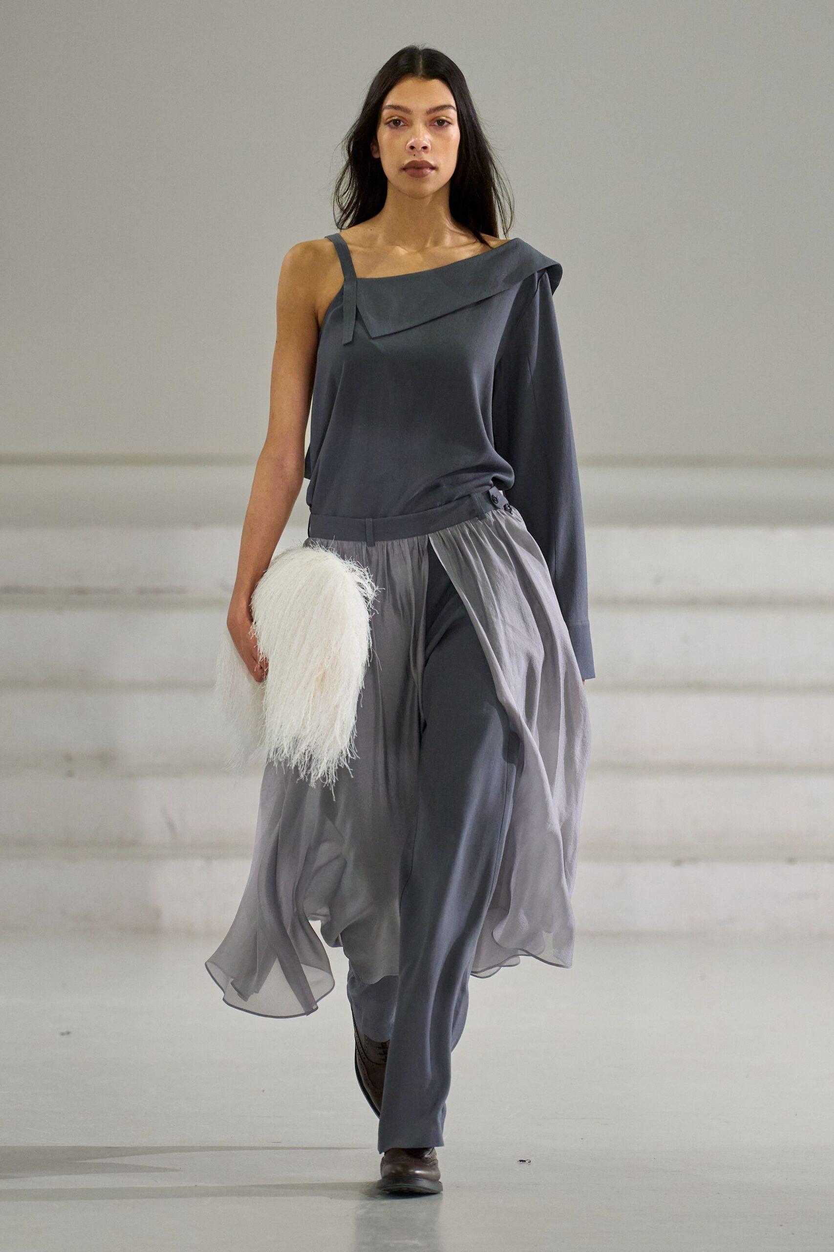 gray silk sleeveless asymmetric fitted flowing top