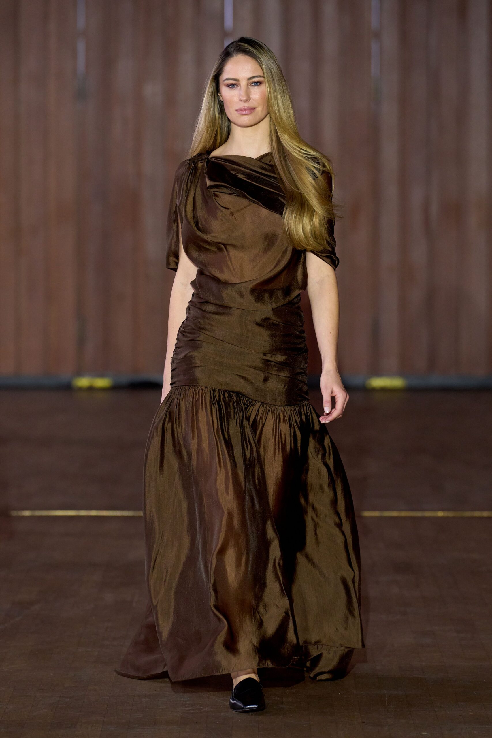 brown silk short-sleeve off-shoulder fitted ruched tiered gown