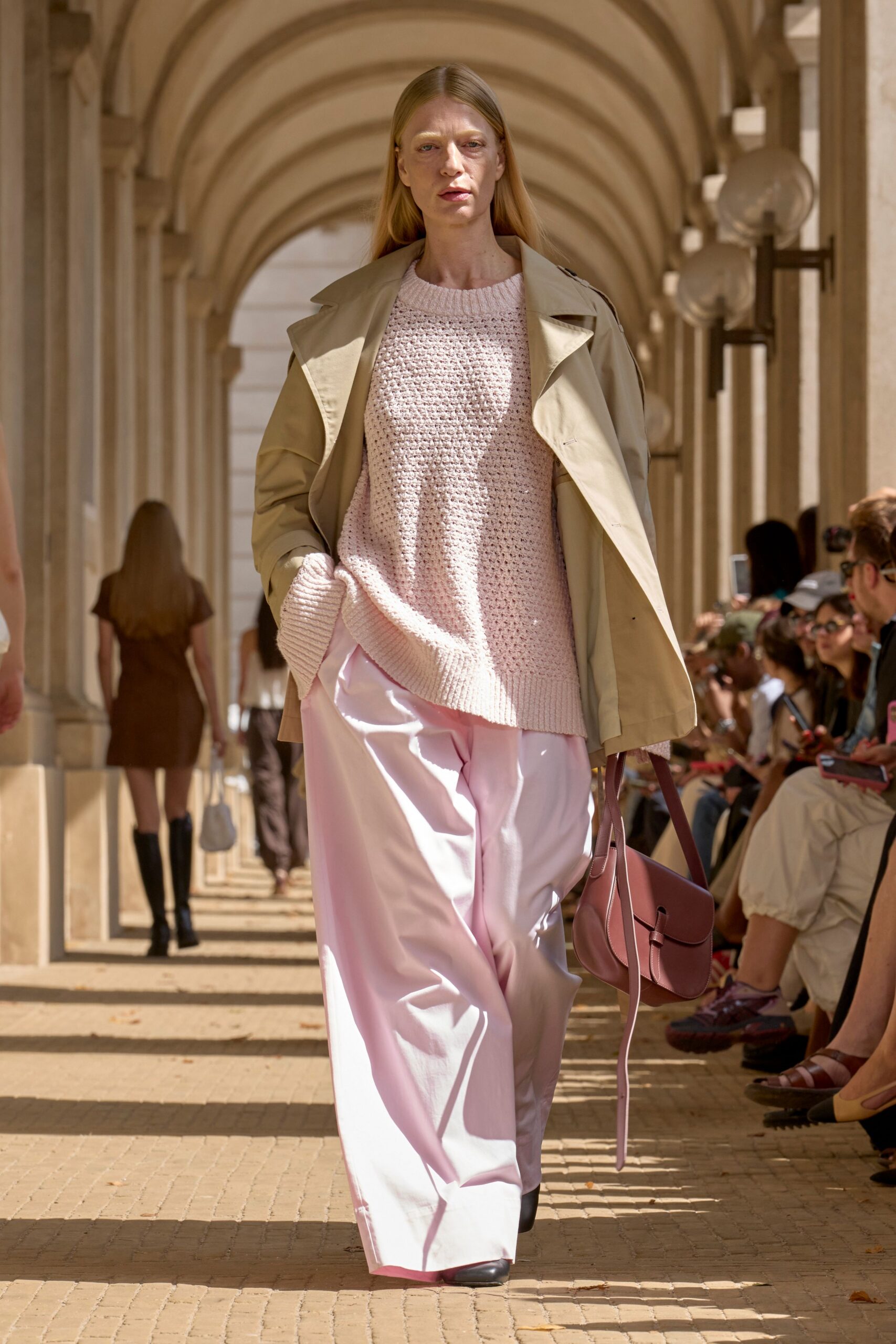 pink knit long-sleeve collared fitted sweater