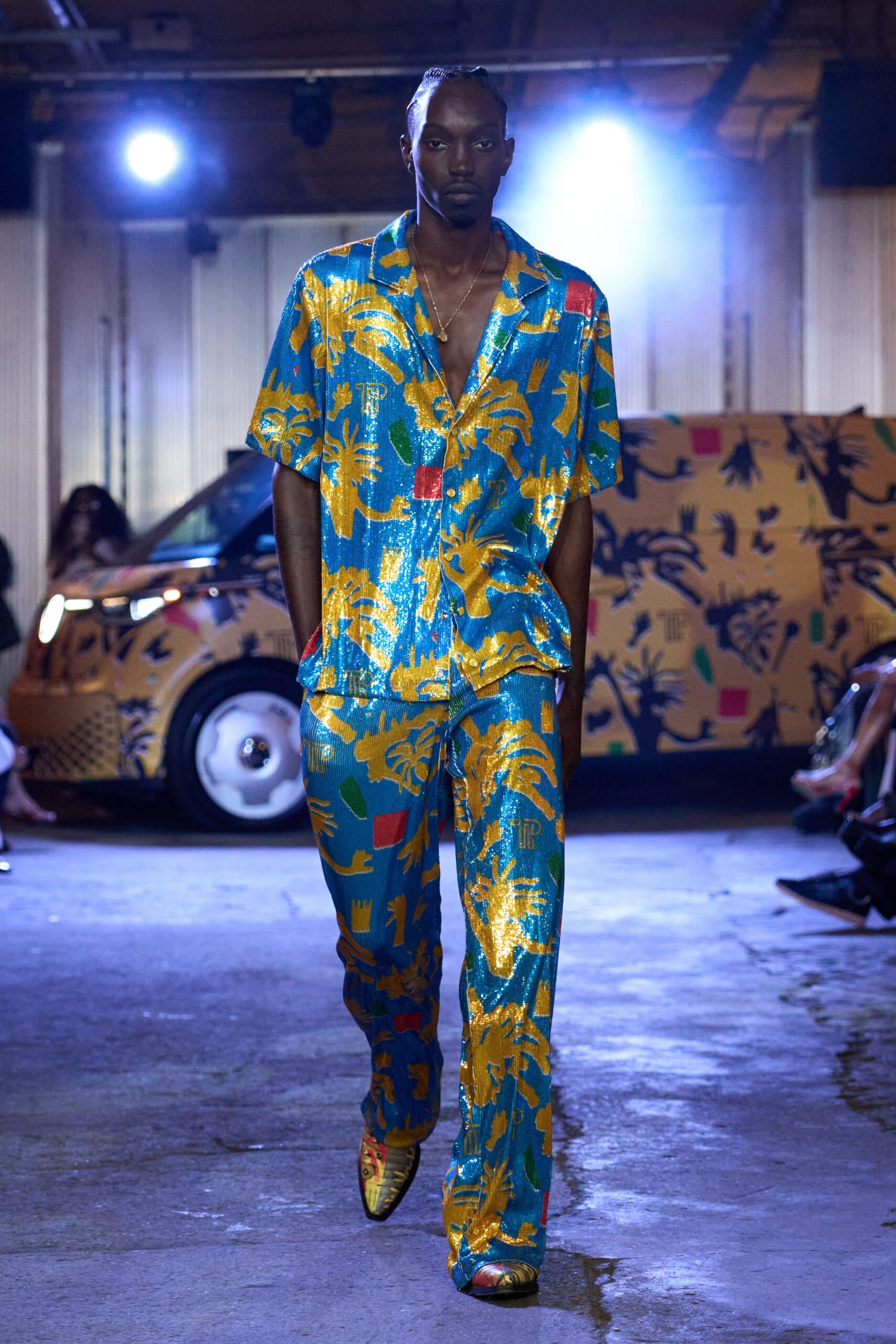 blue and yellow printed outfit