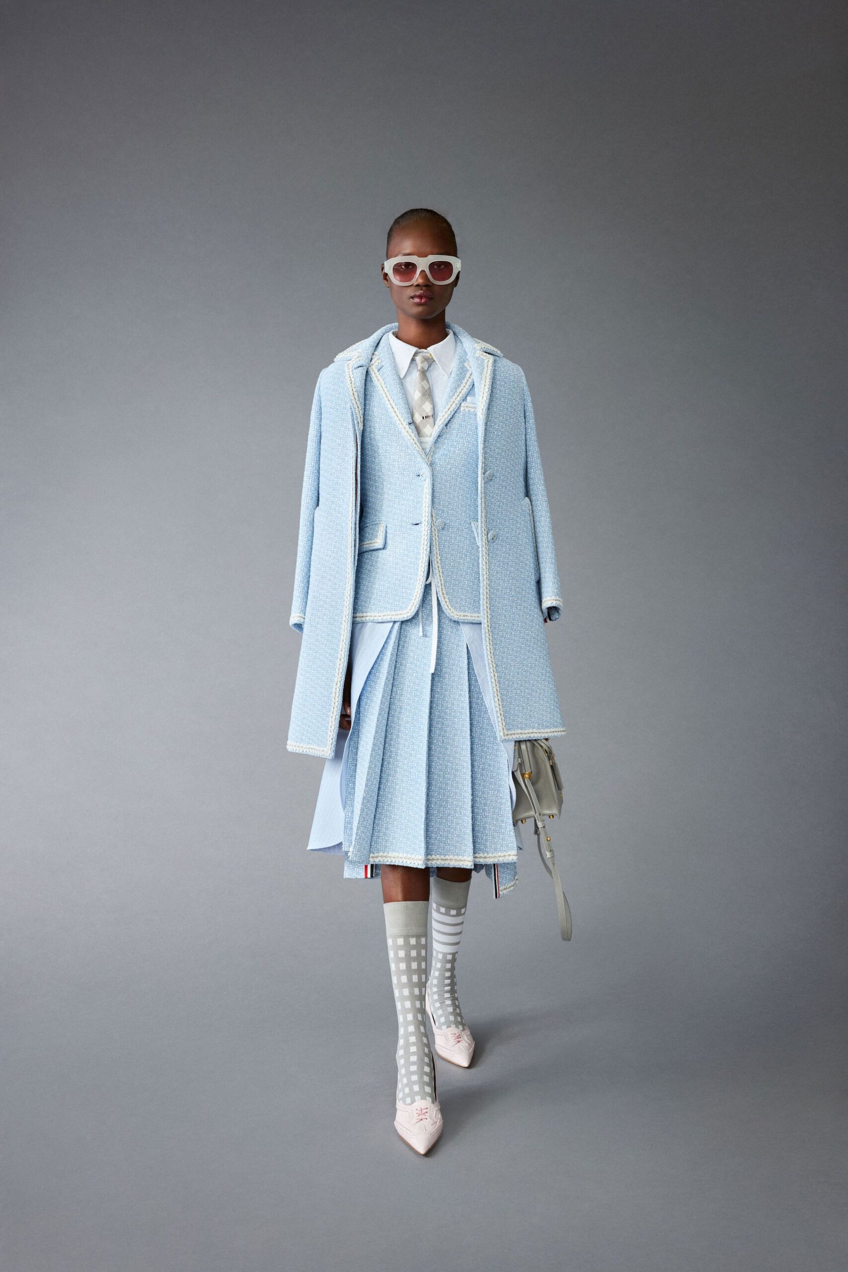 blue blazer and skirt ensemble