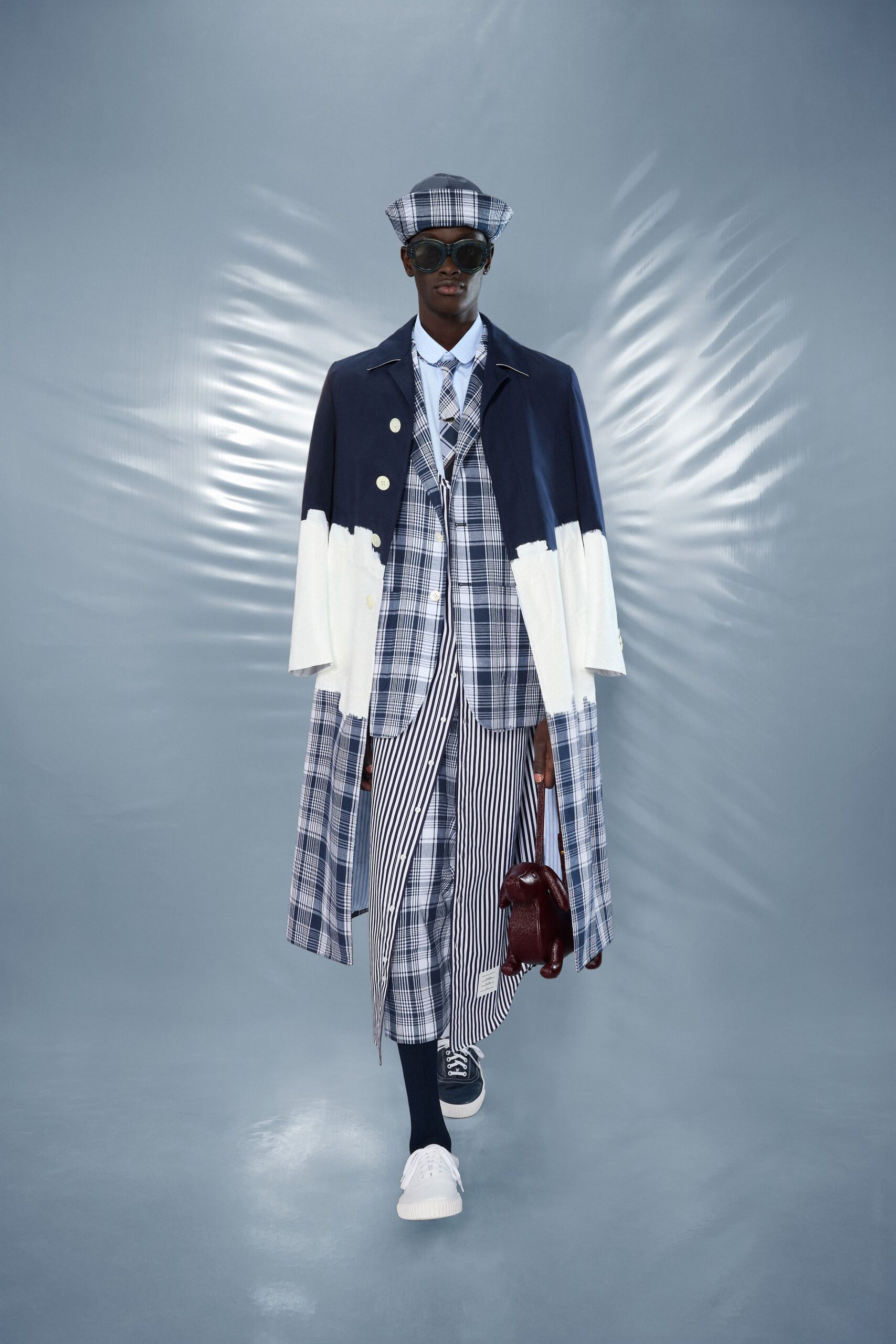 blue and white checked coat and suit