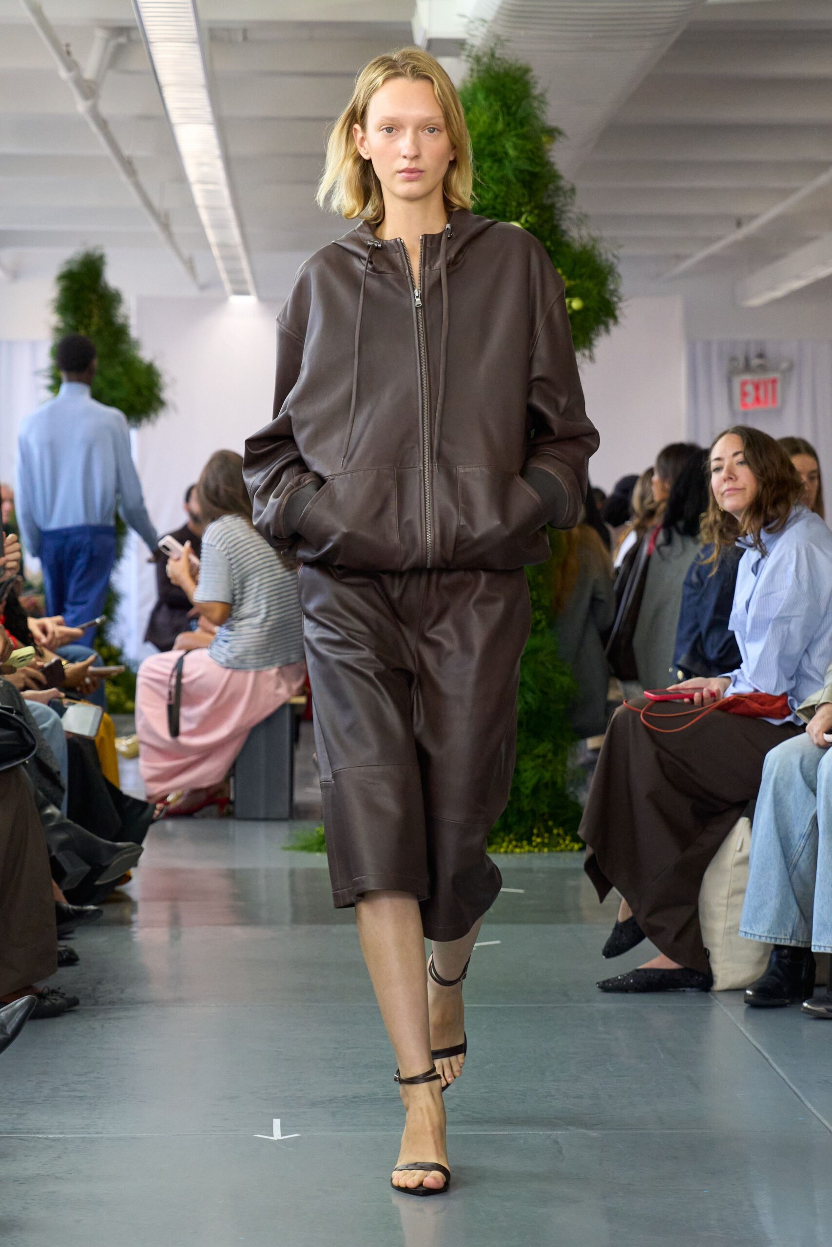 brown leather oversized hoodie and shorts