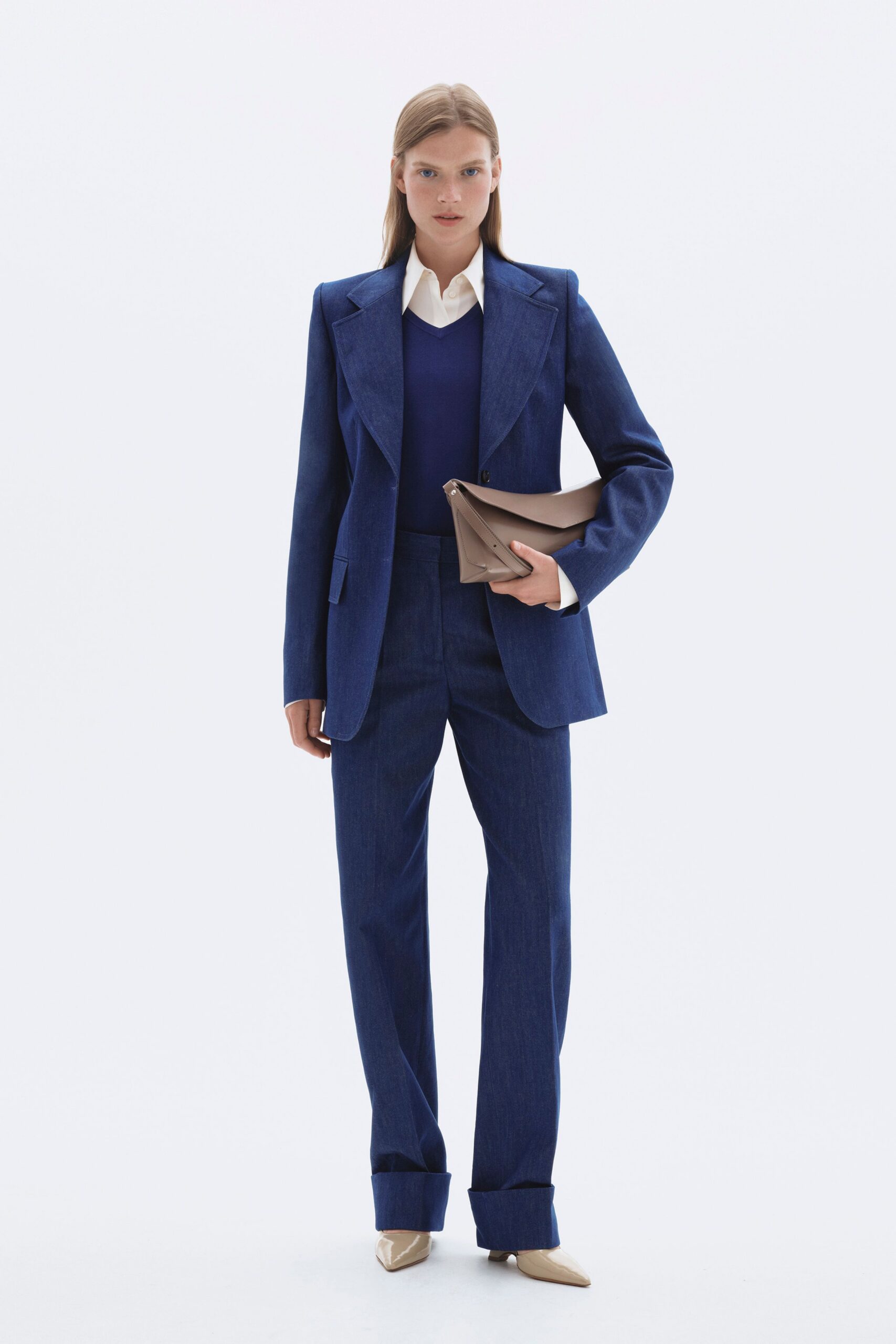 blue denim long-sleeve collared tailored blazer