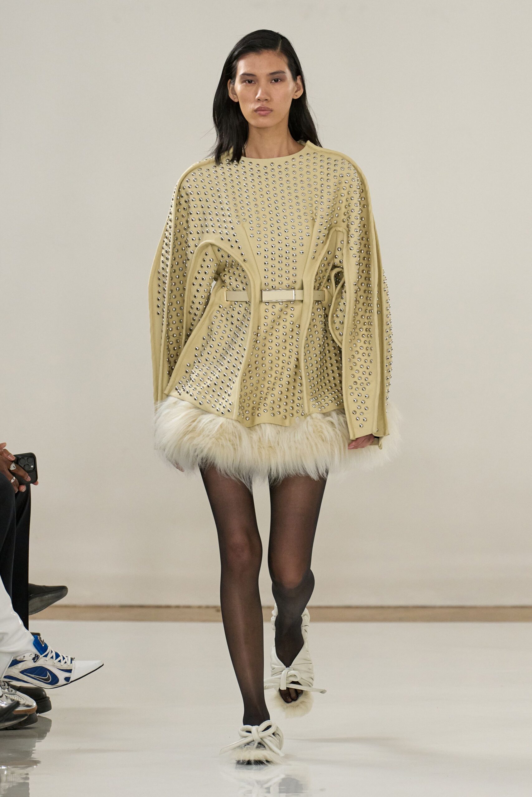 beige cotton long-sleeve collared oversized pleated fringed top